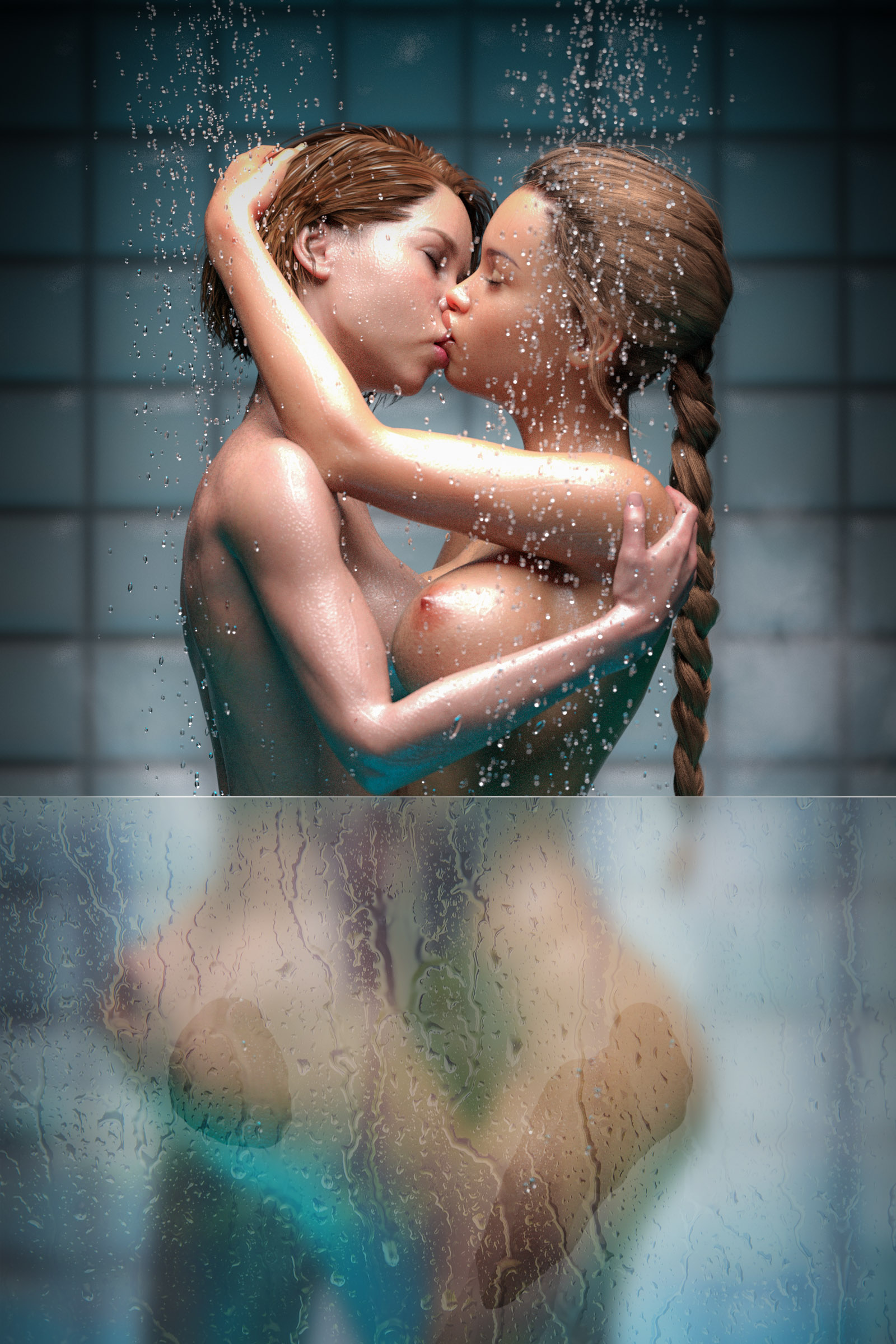 2girls, behind glass, breasts, brown hair, female, female only, kissing, large breasts, light brown hair, long hair, making out, original, original characters, short hair, shower, symmetrical docking, yuri, zorglube