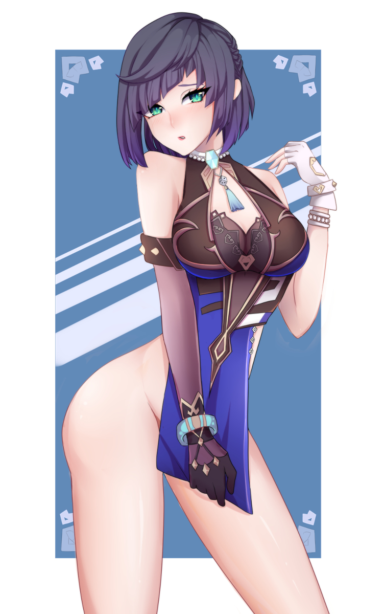 ass, big ass, big breasts, black hair, blue eyes, breasts, embarrassed, female, genshin impact, looking at viewer, short hair, simple background, telzhandris, thick thighs, thighs, white background, white body, white skin, yelan (genshin impact)