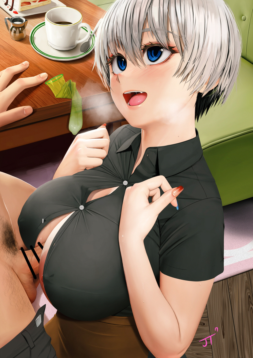 1boy, 1girls, 2022, bar censor, big eyes, blue eyes, breasts, censored, censored penis, clothed female, clothed paizuri, female, grey hair, has uncensored version, huge breasts, huge cock, indoors, kneeling, looking up, male, paizuri, penis, rak (kuraga), short hair, uzaki hana, uzaki-chan wa asobitai!