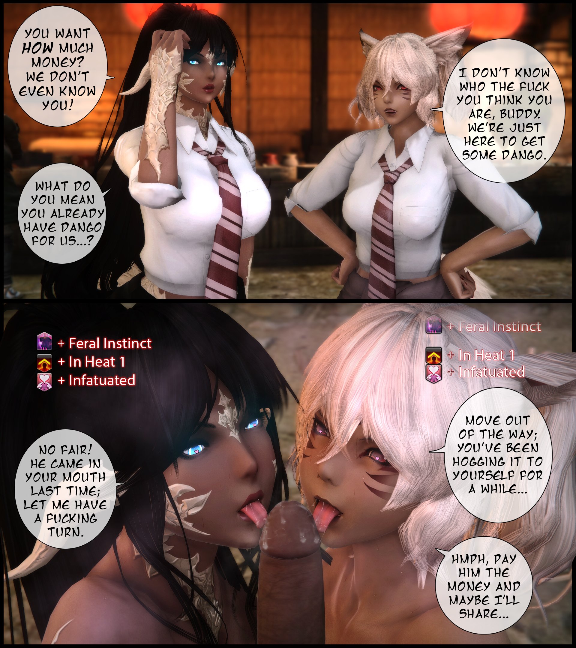 1boy, 2girls, 3d, au ra, black hair, blue eyes, cock worship, collaborative fellatio, cum, cum in mouth, cum on face, dark skin, dark-skinned female, dark-skinned male, dialogue, double fellatio, english text, female, final fantasy, final fantasy xiv, gameplay mechanics, gpose (ffxiv), gyaru, heart-shaped pupils, horns, hypnosis, in heat, instant loss 2koma, interracial, licking penis, long ponytail, male, midnightryoko, midnightryokoff, mind control, miqo'te, oral, oral sex, penis, petite, ponytail, pov, raen, red eyes, school uniform, schoolgirl, square enix, status effect, straight, tagme, tail, tan-skinned female, text, threesome, tongue, tongue out, twintails, white hair