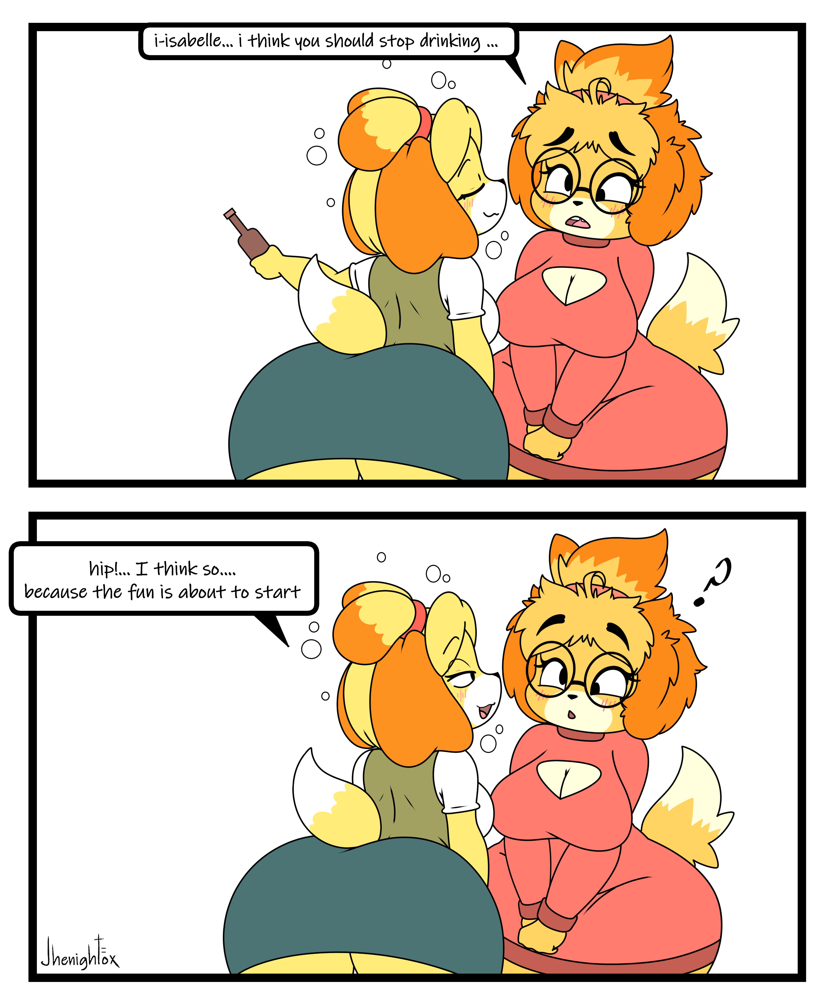 2022, 2girls, alcohol, animal crossing, anthro, ass, big ass, blush, breasts, canid, canine, canis, clothed, clothing, derpybelle, dialogue, drunk, english text, female, female only, fur, furry, furry only, glasses, isabelle (animal crossing), jhenightfox, medium breasts, nintendo, tail, text