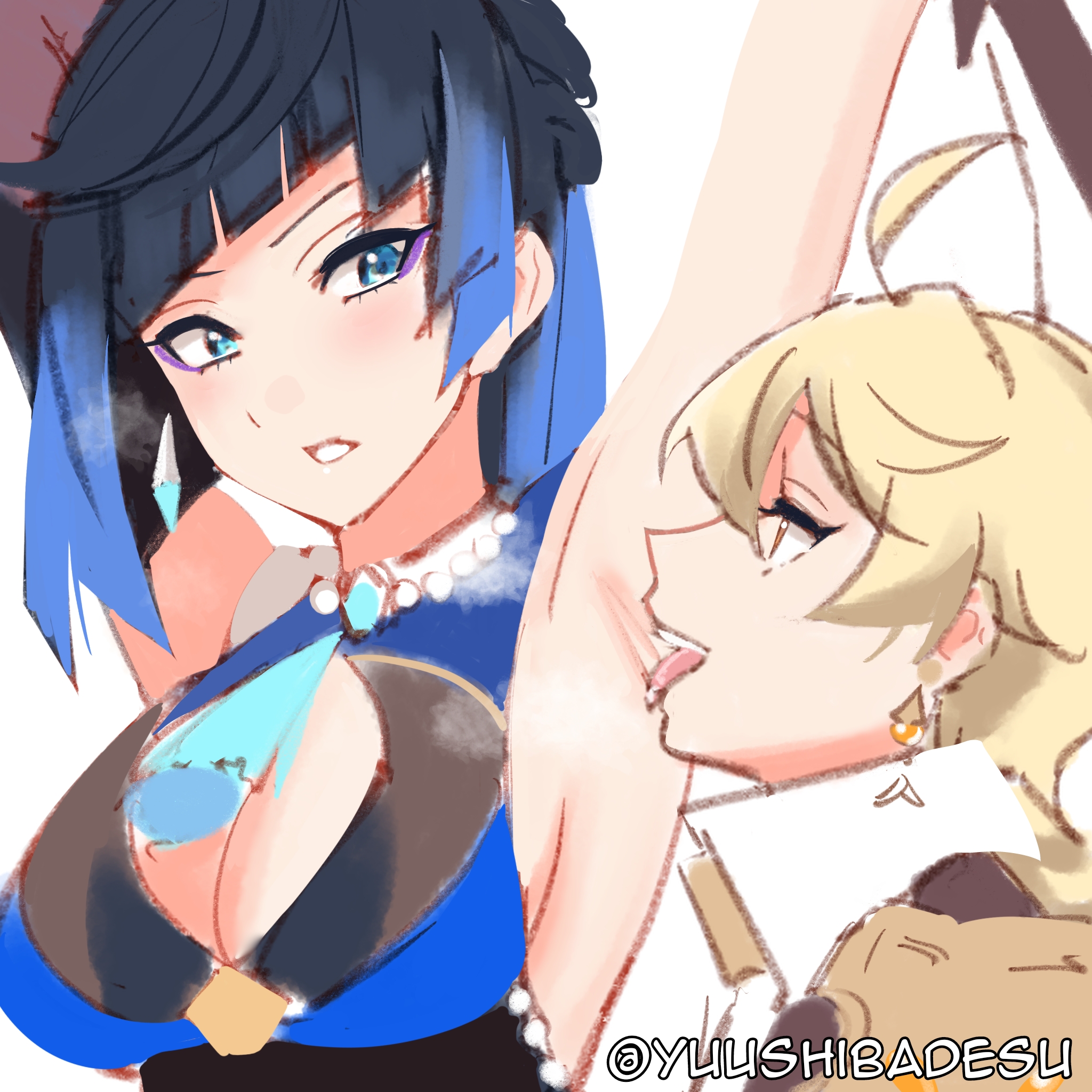 1boy, 1girls, aether (genshin impact), armpit fetish, armpit licking, armpits, arms up, female, genshin impact, male, sleeveless, yelan (genshin impact), yuushiba