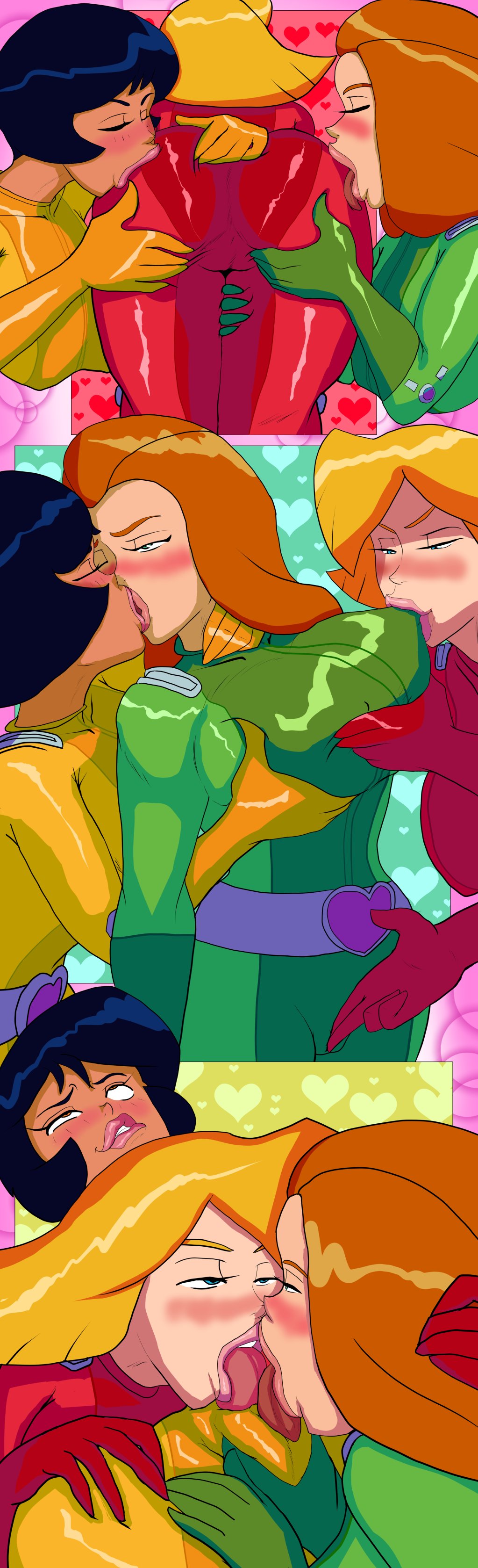 3_bodysuits 3girls alex_(totally_spies) ass ass_focus black_hair blonde_hair blue_eyes blush bodysuit breast_sucking breast_sucking_through_clothes breasts brown_eyes clover_(totally_spies) comic cunnilingus cunnilingus_through_clothes dark_skin eyes_rolling_back face_to_face female fingering fingering_partner fingering_pussy grabbing grabbing_ass grabbing_head grabbing_neck grabbing_pussy grabbing_thighs green_eyes groping group hand_on_butt hand_on_pussy heart holding_breast huge_breasts human kissing kissing_ass kissing_breasts licking licking_pussy multiple_girls nekomajinheika nekomajinsama pale_skin red_hair sam_(totally_spies) skin_tight skintight skintight_bodysuit spies spy squeezing_breast sucking sucking_nipples tongue tongue_on_pussy tongue_to_tongue totally_spies yuri