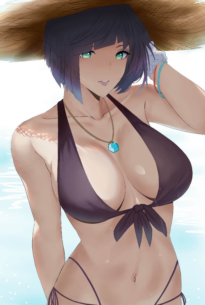 ass, beach, big ass, big breasts, bikini, black hair, blue eyes, breasts, embarrassed, female, female/female, genshin impact, looking at viewer, short hair, simple background, thick thighs, thighs, white background, white body, white skin, yelan (genshin impact)