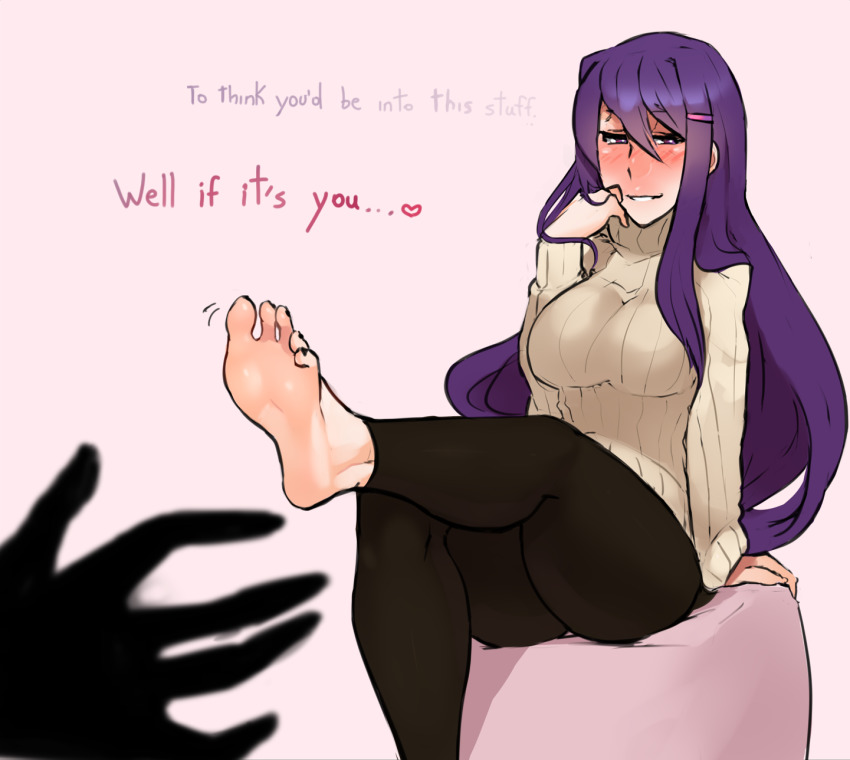 barefoot, blush, doki doki literature club, feet, female, foot focus, hair ornament, hairclip, highres, leg up, long hair, looking away, parted lips, purple eyes, purple hair, scas, scathegrapes, sitting, smile, soles, sweater, toes, yuri (doki doki literature club)
