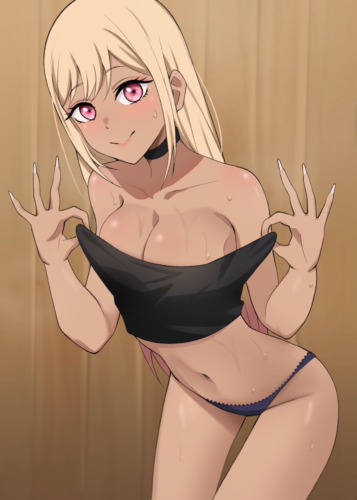 1girls, big breasts, bikini, blonde hair, breasts, dark skin, dark-skinned female, eqeart, eye contact, female, female focus, female only, gyaru, kitagawa marin, long fingernails, looking at viewer, pink eyes, solo, sono bisque doll wa koi wo suru, standing, tan, tan body, thick thighs