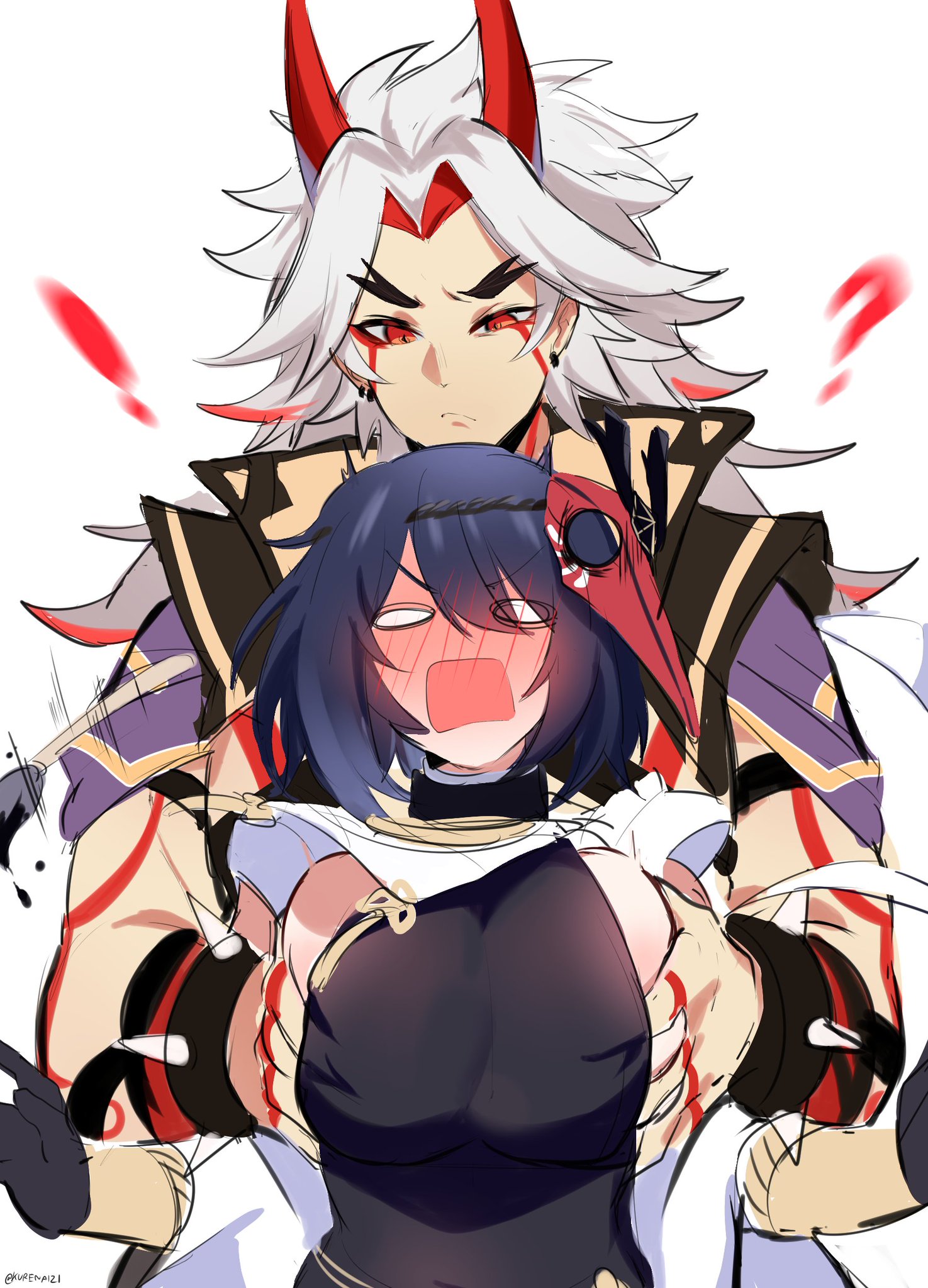 1boy, 1girls, arataki itto, big breasts, black hair, blush, breast grab, breasts, character collapse, embarrassed, female, fully clothed, genshin impact, groping, groping from behind, horns, kujou sara, kurenaiz1, long hair, long-haired male, male, mask on head, oni, red eyes, sideboob, spiky hair, surprised, thick eyebrows, white hair