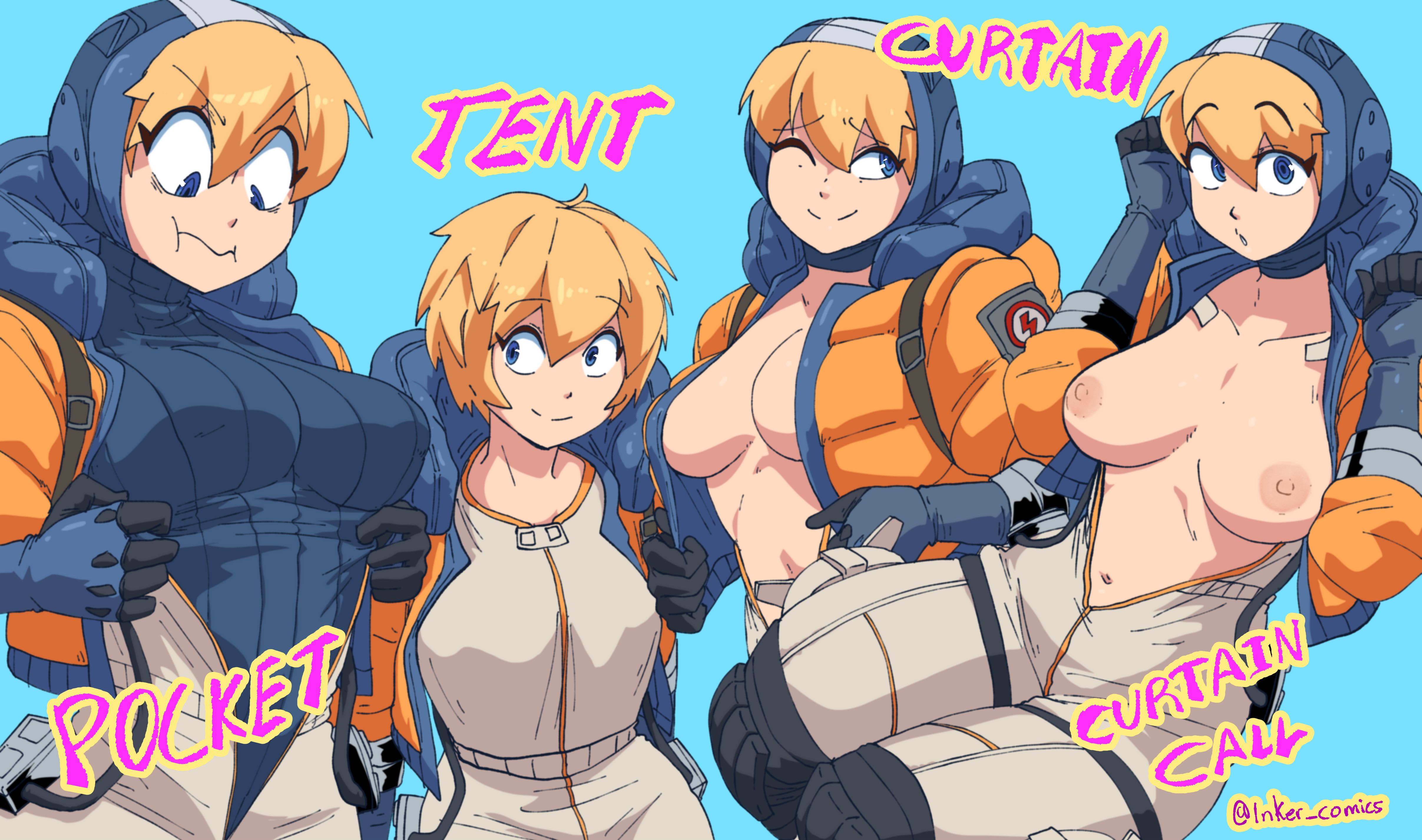 apex legends, blonde hair, breasts, female, hood, inker comics, inkershike, meme, navel, nipples, open clothes, sideboob, tagme, wattson (apex legends)