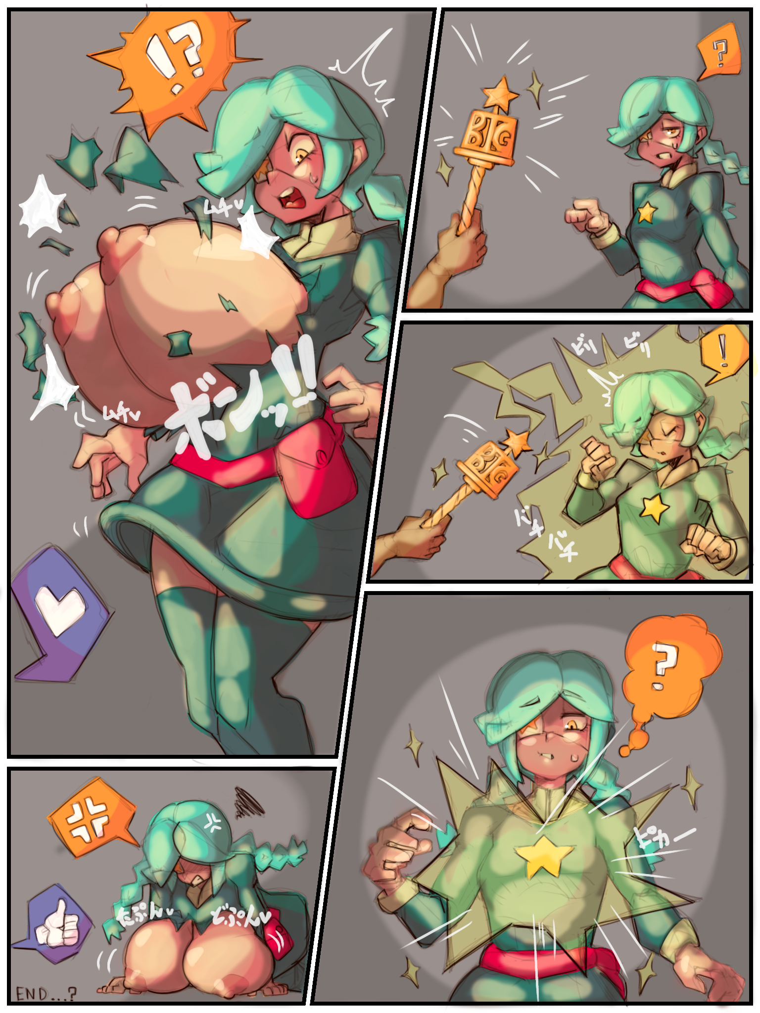 1girls, annie (skullgirls), bayonetto, big breasts, breast expansion, breast growth, breast growth (enlargement), breasts, clothing, female, huge breasts, large penis, male, penis, skullgirls, torn clothes
