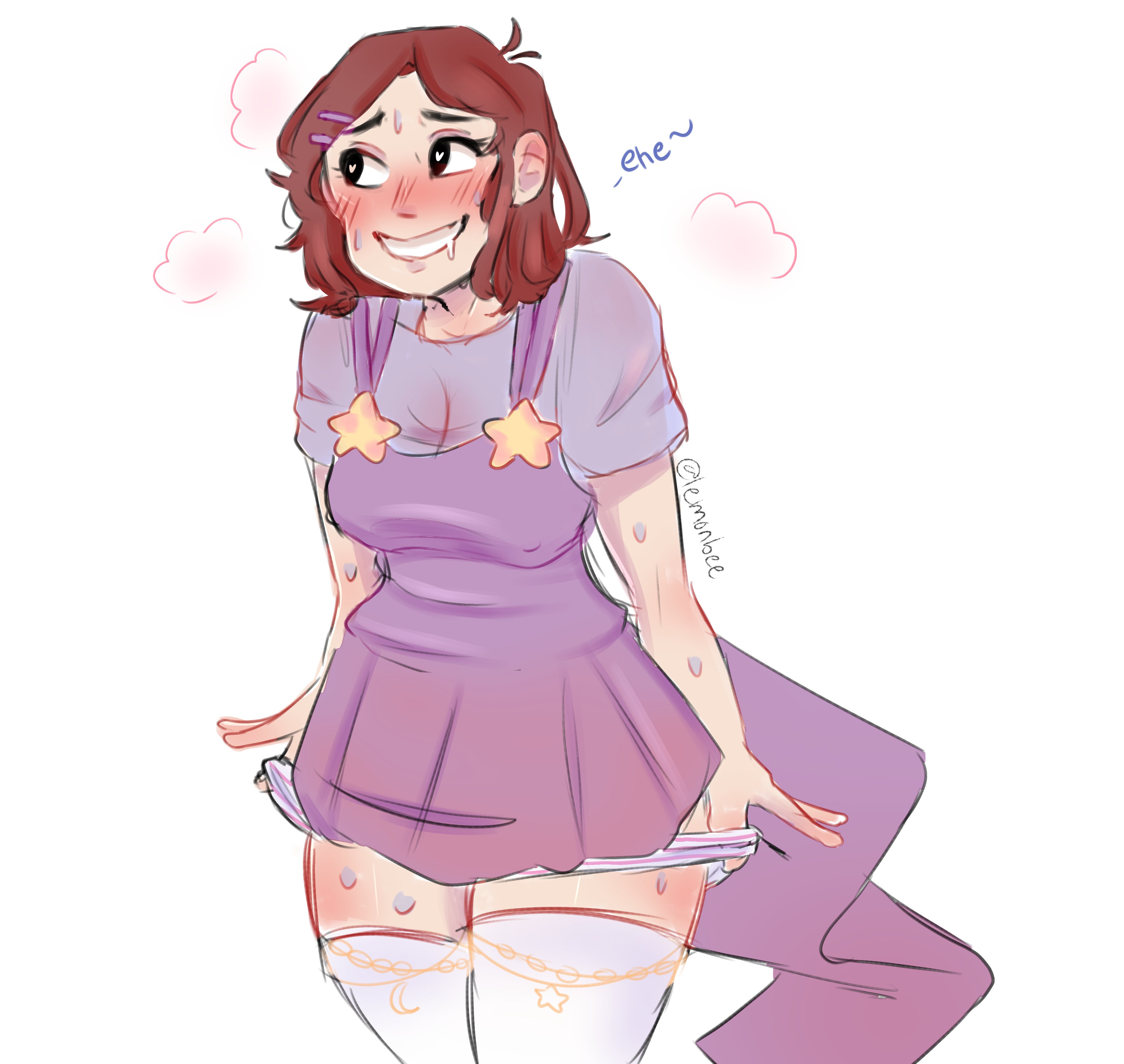 brown hair, clothed, clothed female, cosplay, embarrassed, excited, female, heart-shaped pupils, horny, indie virtual youtuber, lemonbee, nimu, panties, smell, smile, taking clothes off, thick thighs, virtual youtuber, youtube hispanic