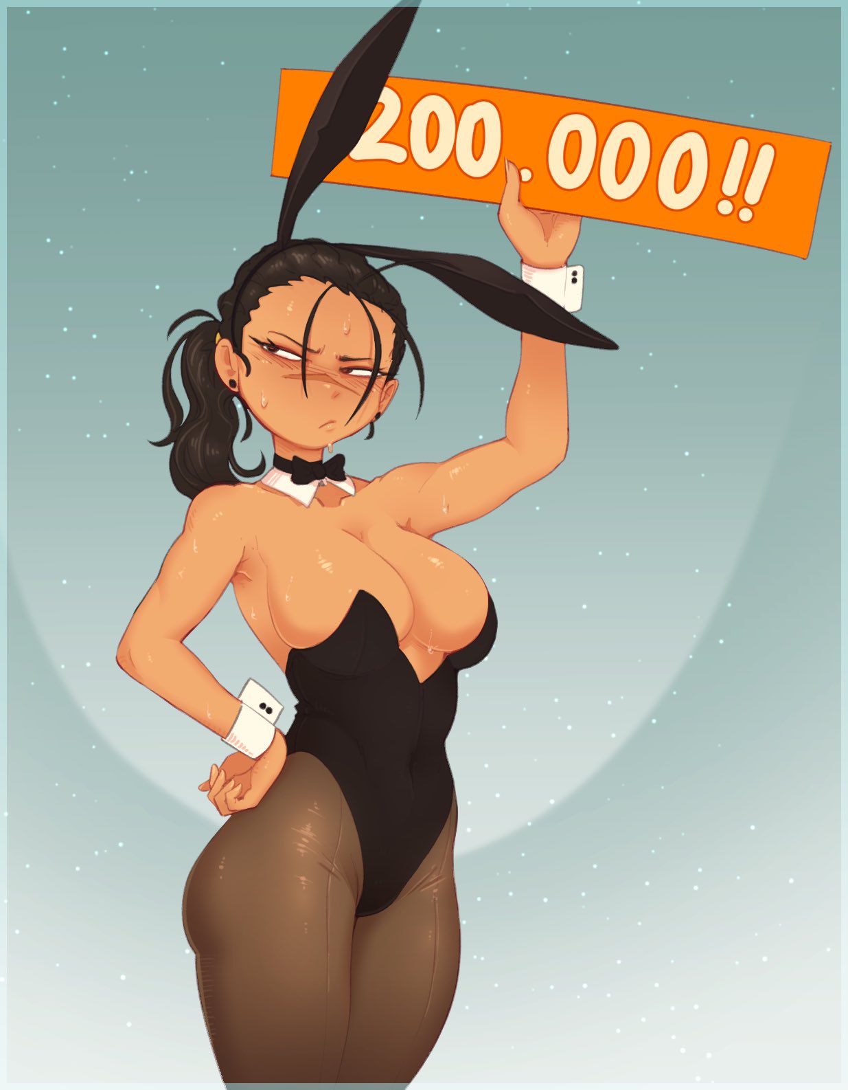 1girls arm_up black_hair blush bunny_ears bunnysuit detached_collar embarrassed female_only halo halo_(series) hand_on_hip hi_res justrube looking_away milestone_celebration narrowed_eyes neck_ribbon pantyhose patty_(rube) ponytail rube scar scar_across_nose solo solo_female wrist_cuffs