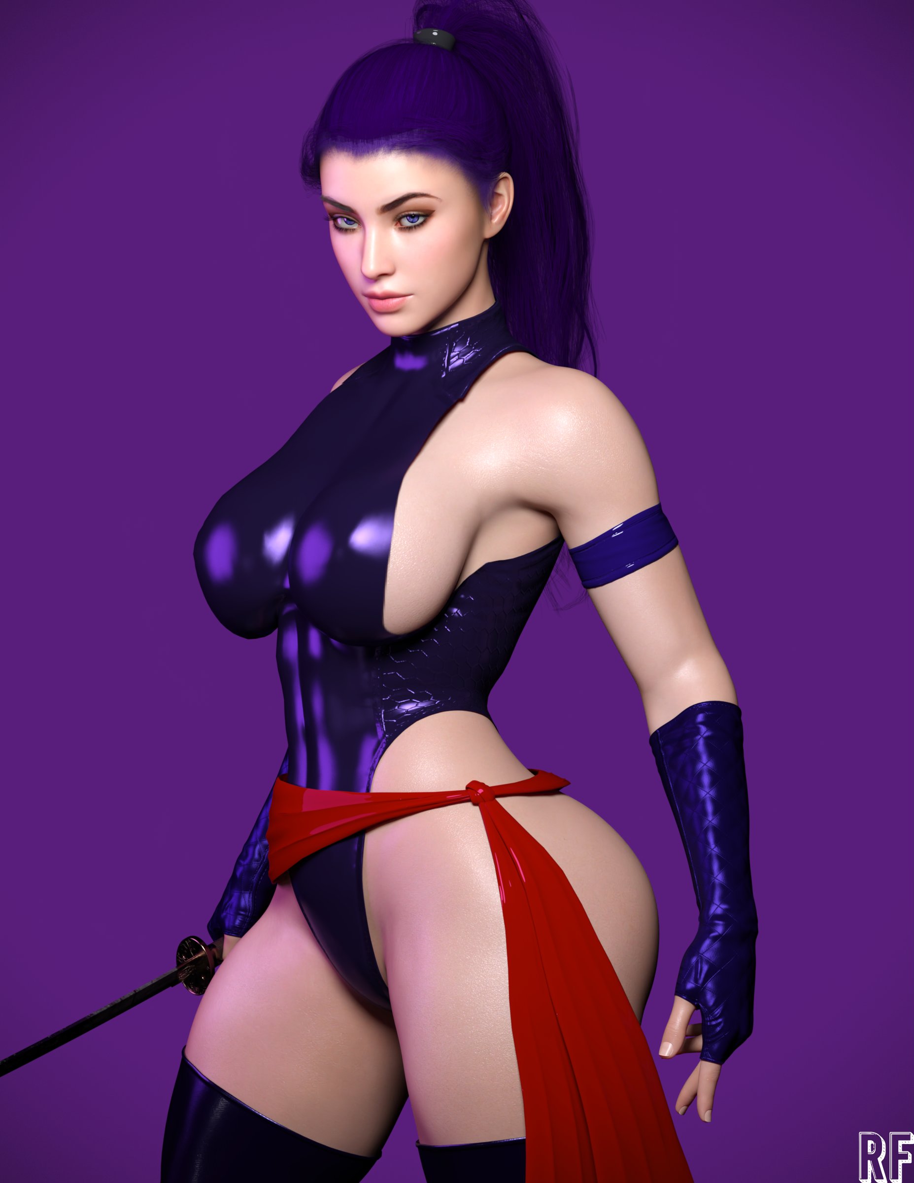 1girls, 3d, absurd res, ass, breasts, female, female only, hi res, katana, large breasts, looking at viewer, marvel, marvel comics, psylocke (kwannon), rude frog, sideboob, solo, straight hair, sword, thighhighs, thighs, weapon, x-men