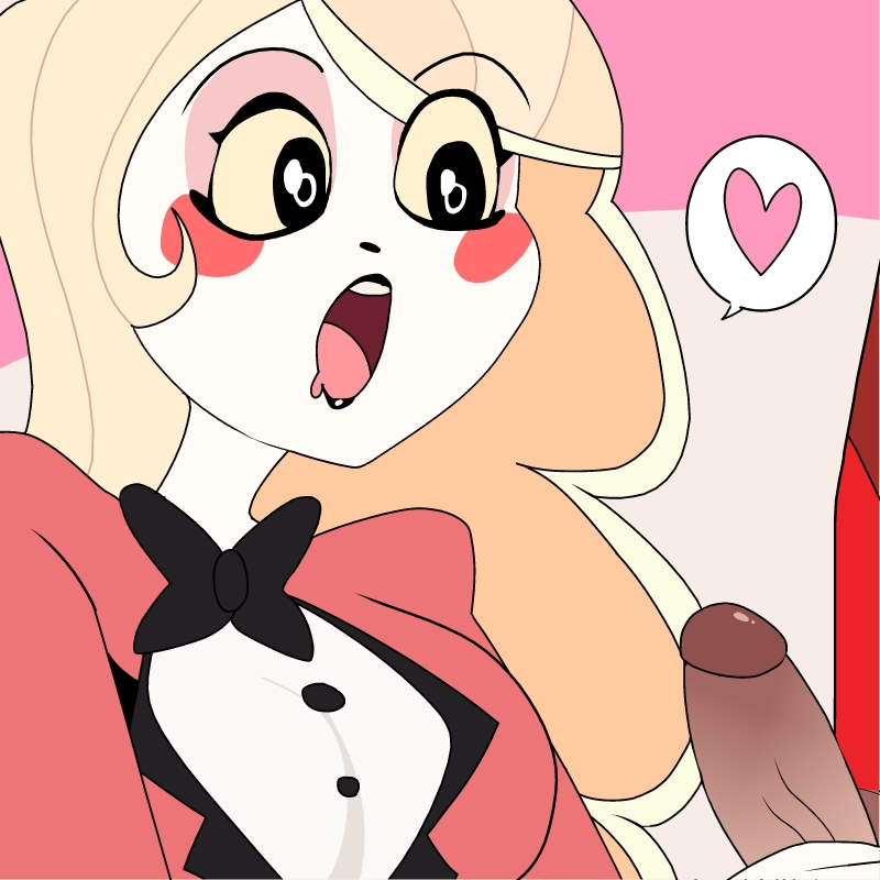 alastor (hazbin hotel), big penis, black eyes, blonde hair, carliabot, charlie morningstar (hazbin hotel), clothing, demon, demon girl, eyes on the prize, female, hazbin hotel, heart, light skin, light-skinned female, long hair, male, outerwear, pale skin, pale-skinned female, penis, penis awe, shiny eyes, smooth skin, speech bubble, tuxedo, white skin, wide eyed