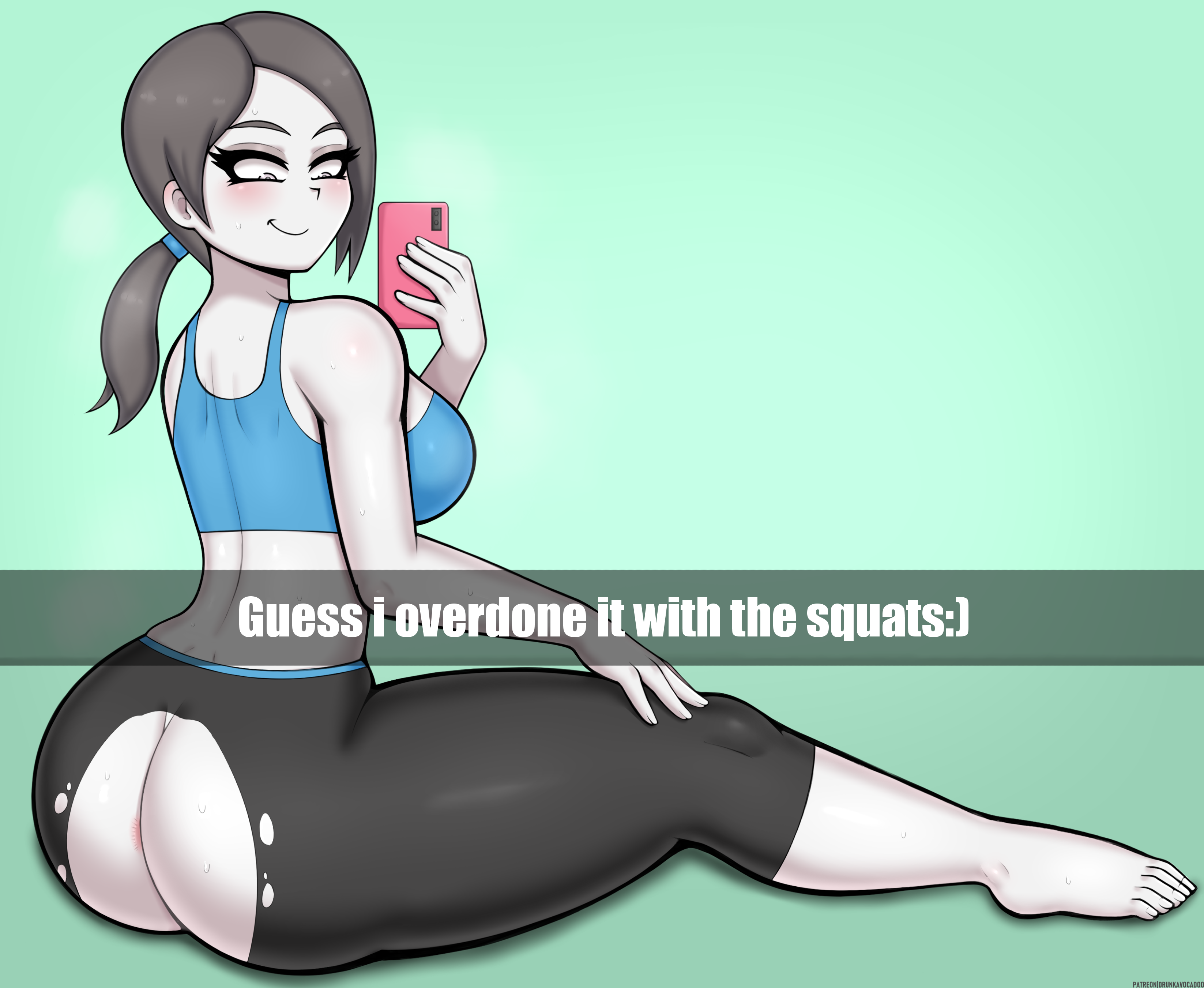 1girls, anus, anus peek, apple butt, asking for it, ass, big breasts, blush, breasts, bubble ass, bubble butt, caption, clothed female, cock hungry, crop top, drunkavocado, exposed anus, exposed ass, female, leggings, legwear, looking at viewer, male, nintendo, penis, phone, ponytail, selfie, simple background, sitting, snapchat, solo, solo female, solo focus, sports bra, sportswear, tagme, thick thighs, toned, toned female, torn clothes, torn clothing, torn legwear, white body, white skin, wii fit, wii fit trainer, wii fit trainer (female)
