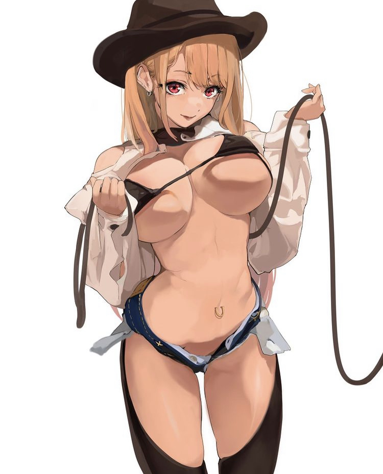 1girls, belly button piercing, big breasts, blonde hair, breasts, cowboy hat, earrings, female, female focus, female only, fringe, gyaru, hat, kitagawa marin, lasso, legwear, light skin, light-skinned female, long hair, looking at viewer, pale skin, pale-skinned female, petite, piercing, pink eyes, pink hair, red eyes, rope, seductive look, skimpy clothes, smile, solo, solo focus, sono bisque doll wa koi wo suru, standing, tagme, teenager, two-tone hair