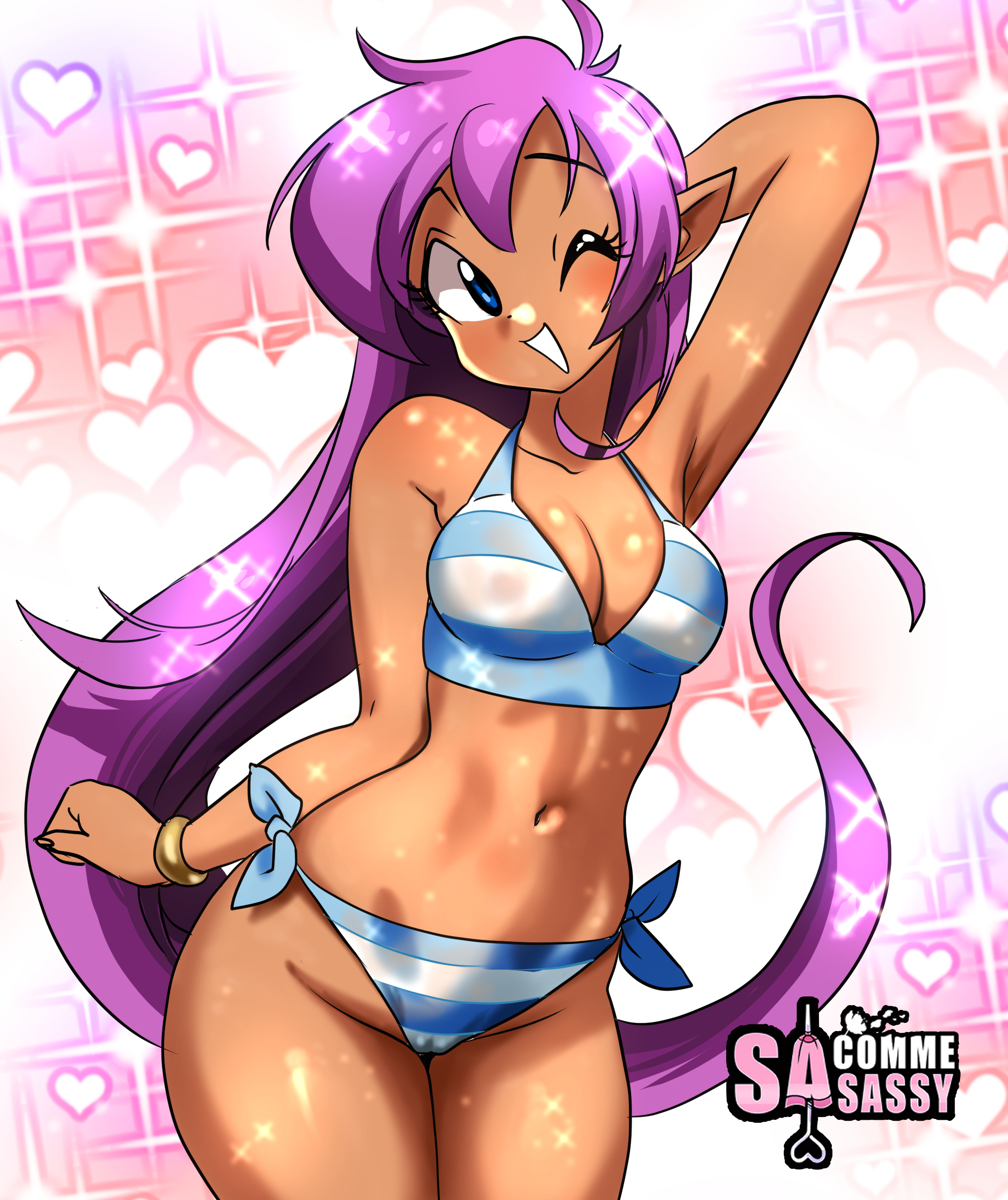 1girls, blue eyes, breasts, cleavage, female, female only, genie, pointy ears, posing, purple hair, sasatseng, shantae, shantae (character), smooth skin, solo, solo female, swimsuit