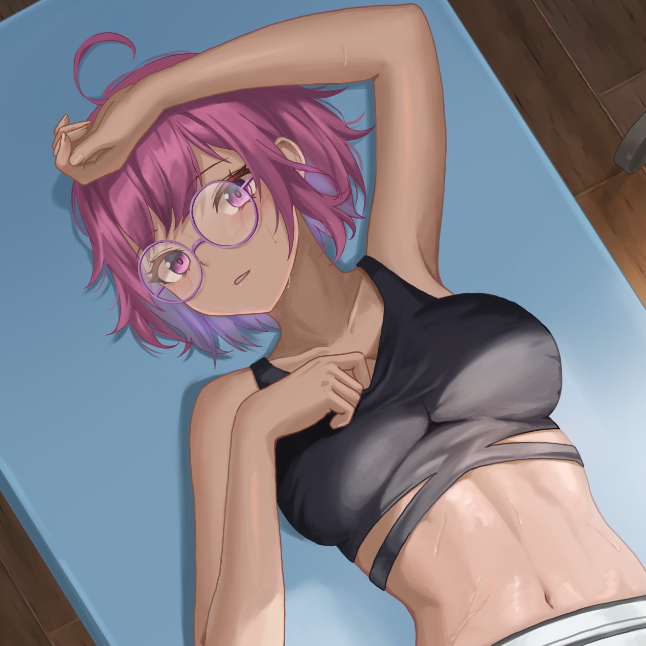 1girls armpits belly_button exercise_mat eyebrows_visible_through_hair female glasses hand_on_head highres large_breasts looking_at_viewer midriff pink_eyes pink_hair sae_(vtuber) slime_girl sports_bra sweat sweating virtual_youtuber