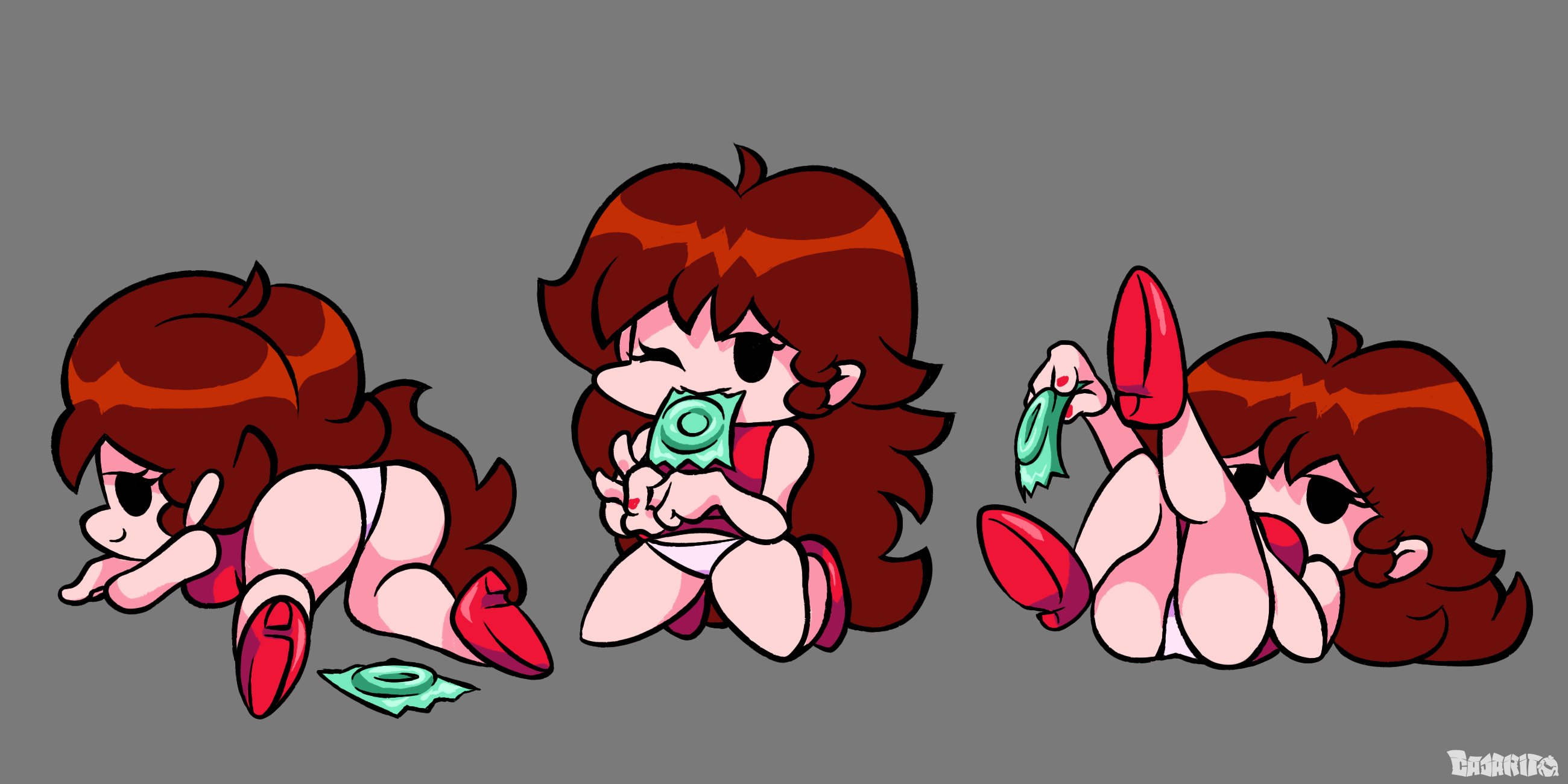 1girls, accurate art style, ass, big ass, brown hair, bubblegum pocket, cajarito, condom, condom in mouth, dress, dress lift, eye contact, female, female only, friday night funkin, girlfriend (friday night funkin), grey background, high heels, long hair, looking at viewer, mob face, one eye closed, panties, red dress, solo, thick thighs