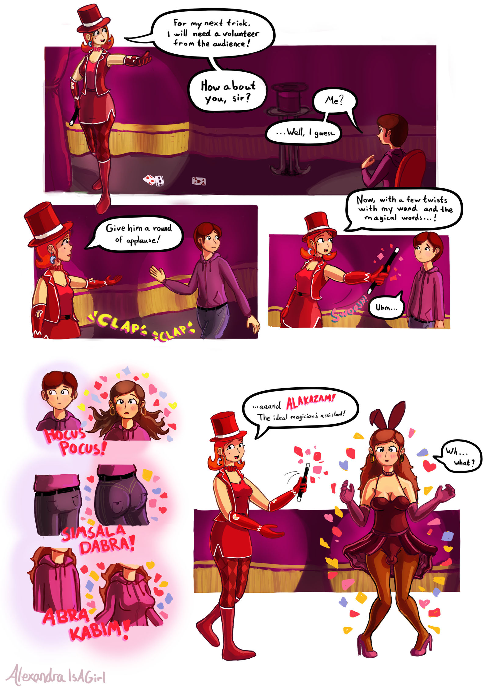 1futa, alexandraisagirl, ass expansion, blush, breast expansion, breast growth, breast growth (enlargement), breasts, bulge, bunny girl, bunnysuit, confusion, crossdressing, female, feminization, futa transformation, futanari, gender transformation, intersex, long hair, magic, magician, male, mti transformation, rule 63, transformation, trap