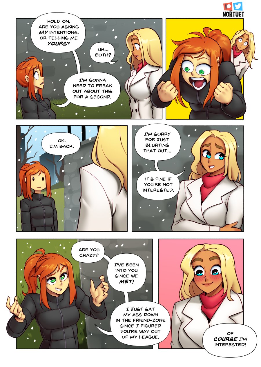 2girls beverly_(nortuet) big_breasts blonde_hair blue_eyes blush breasts comic english_text female female_only green_eyes happy hi_res long_hair love_confession multiple_girls nortuet nortuet_universe original petite ponytail public red_hair small_breasts tara_(nortuet) text watermark wholesome yuri