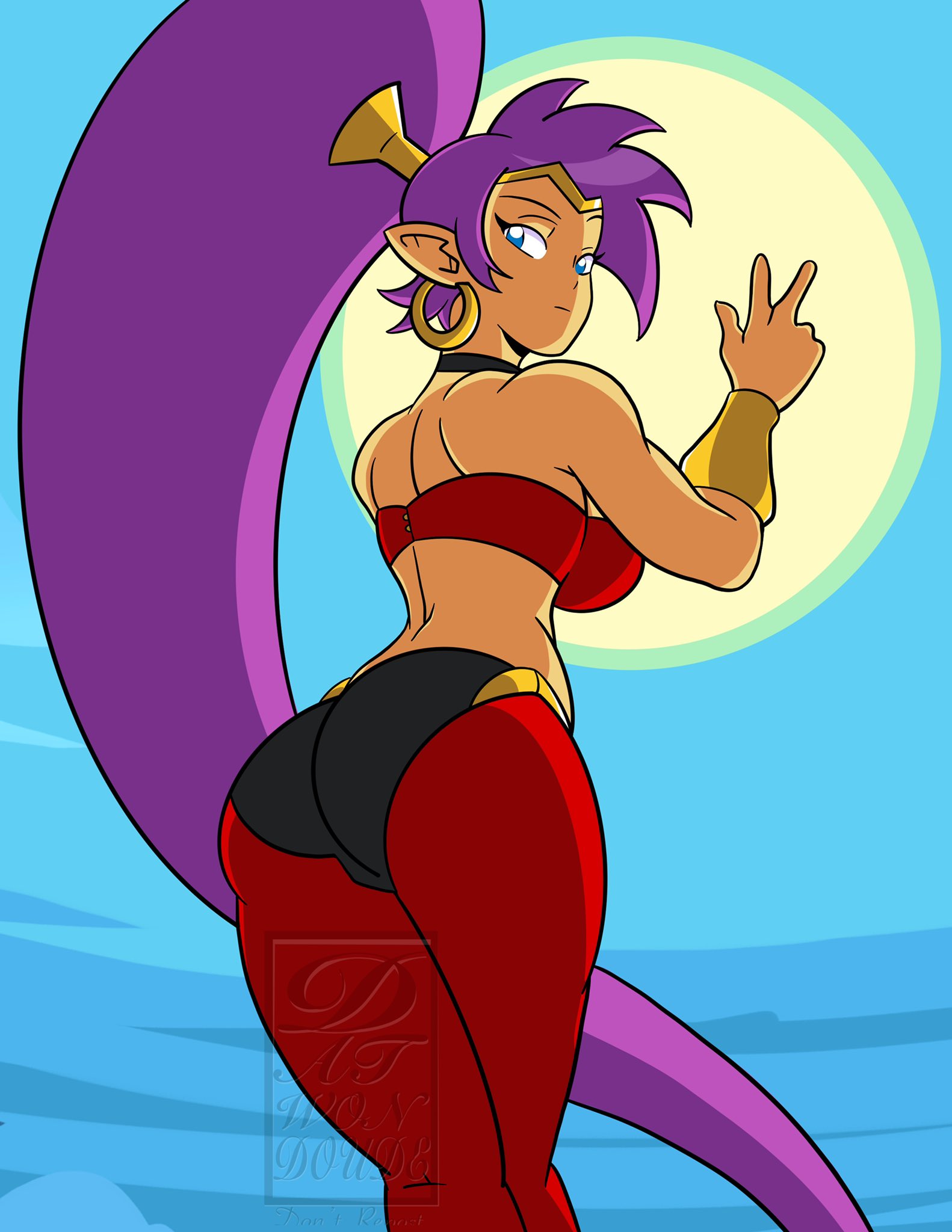 ass, blue eyes, breasts, clothed, clothing, datwondoude, female, purple hair, shantae, shantae (character), sideboob, smooth skin, solo, tagme