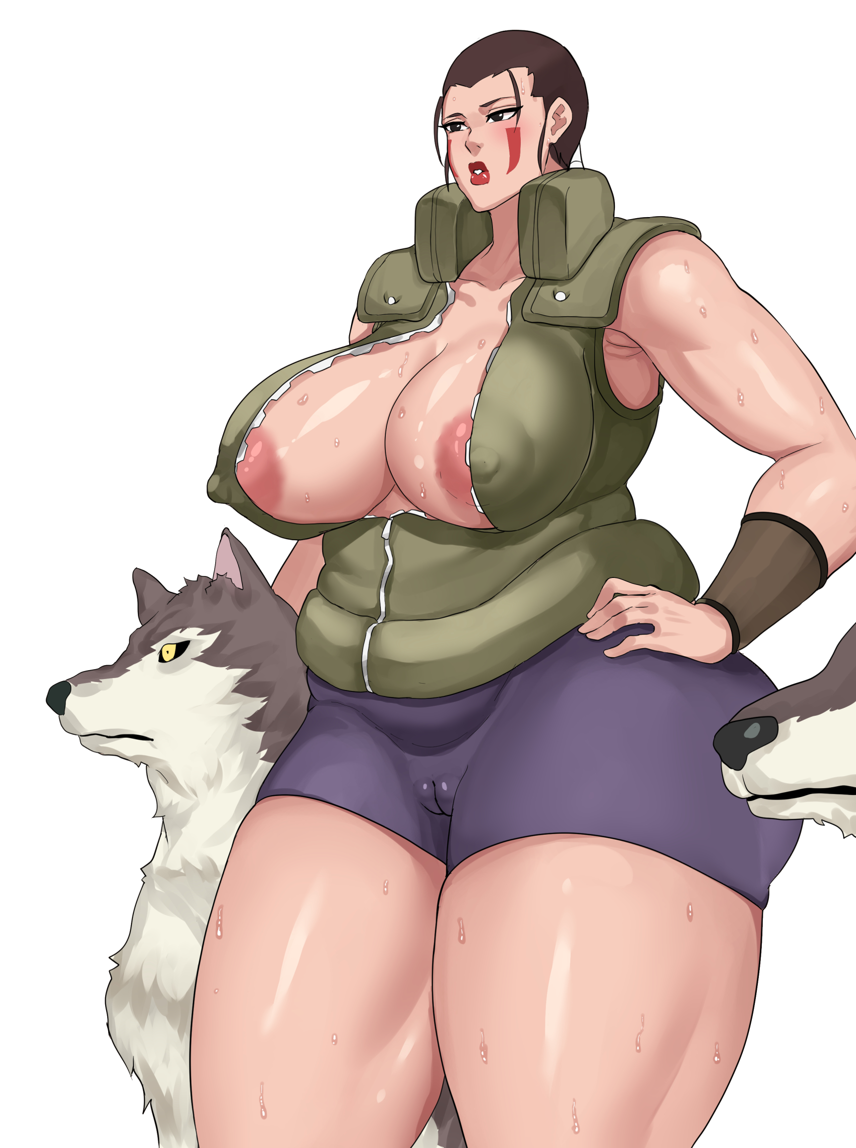 1girls, 2animals, animal, areola slip, breasts, cameltoe, chubby, chubby female, cyberboi, female, female only, huge breasts, human, inuzuka hana, naruto, naruto (series), nipple slip, pussy, solo, solo female, standing, sweat, thick thighs, tight clothing, venus body, white background, wide hips, wolf, wolves