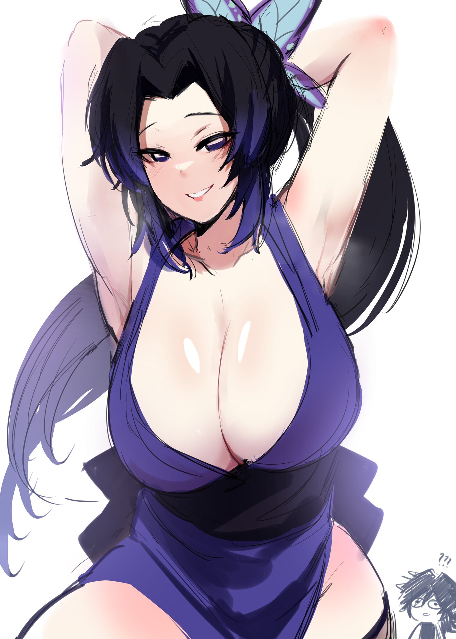 1boy, 1girls, alternate costume, alternate hairstyle, armpits, arms up, big breasts, black hair, blush, breasts, butterfly hair ornament, cleavage, demon slayer, female, female focus, gyushino, hands behind head, huge breasts, japanese clothes, kimetsu no yaiba, kochou shinobu, kurenaiz1, long hair, looking at viewer, male, no bra, ponytail, purple eyes, sleeveless, smile, solo focus, tomioka giyuu