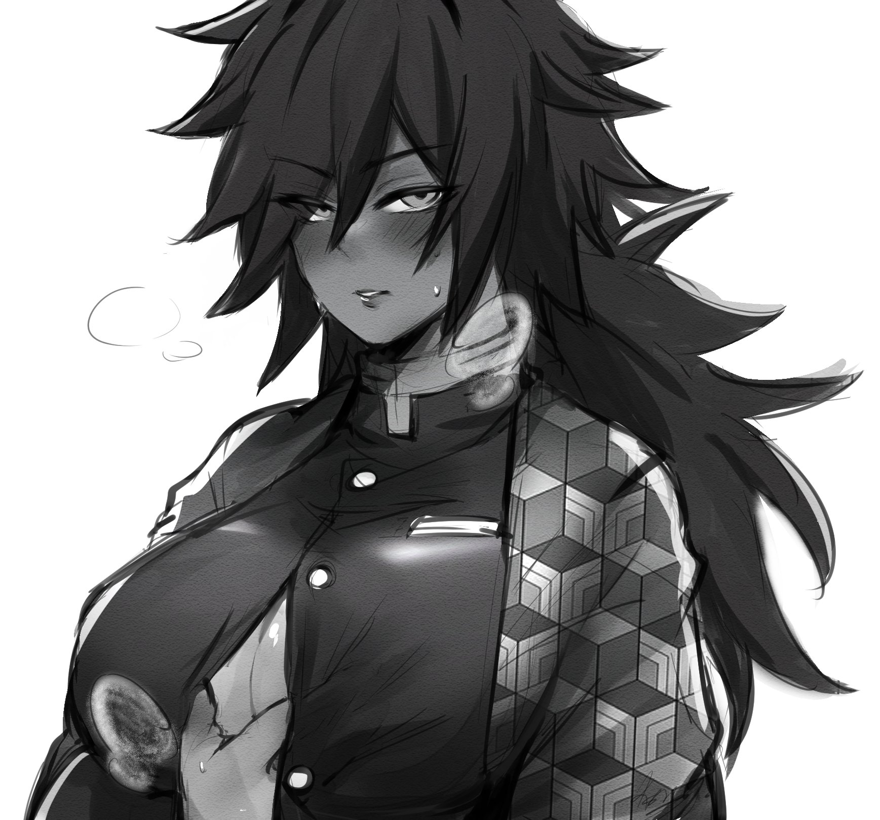 big breasts, breasts, breath, cleavage, demon slayer, female, female only, flashing, flashing breasts, genderswap, genderswap (mtf), greyscale, haori, kimetsu no yaiba, kurenaiz1, long hair, looking at viewer, monochrome, ponytail, rule 63, solo, spiky hair, sweat, teasing, tomioka giyuu, unbuttoned, unbuttoned shirt, uniform, upper body