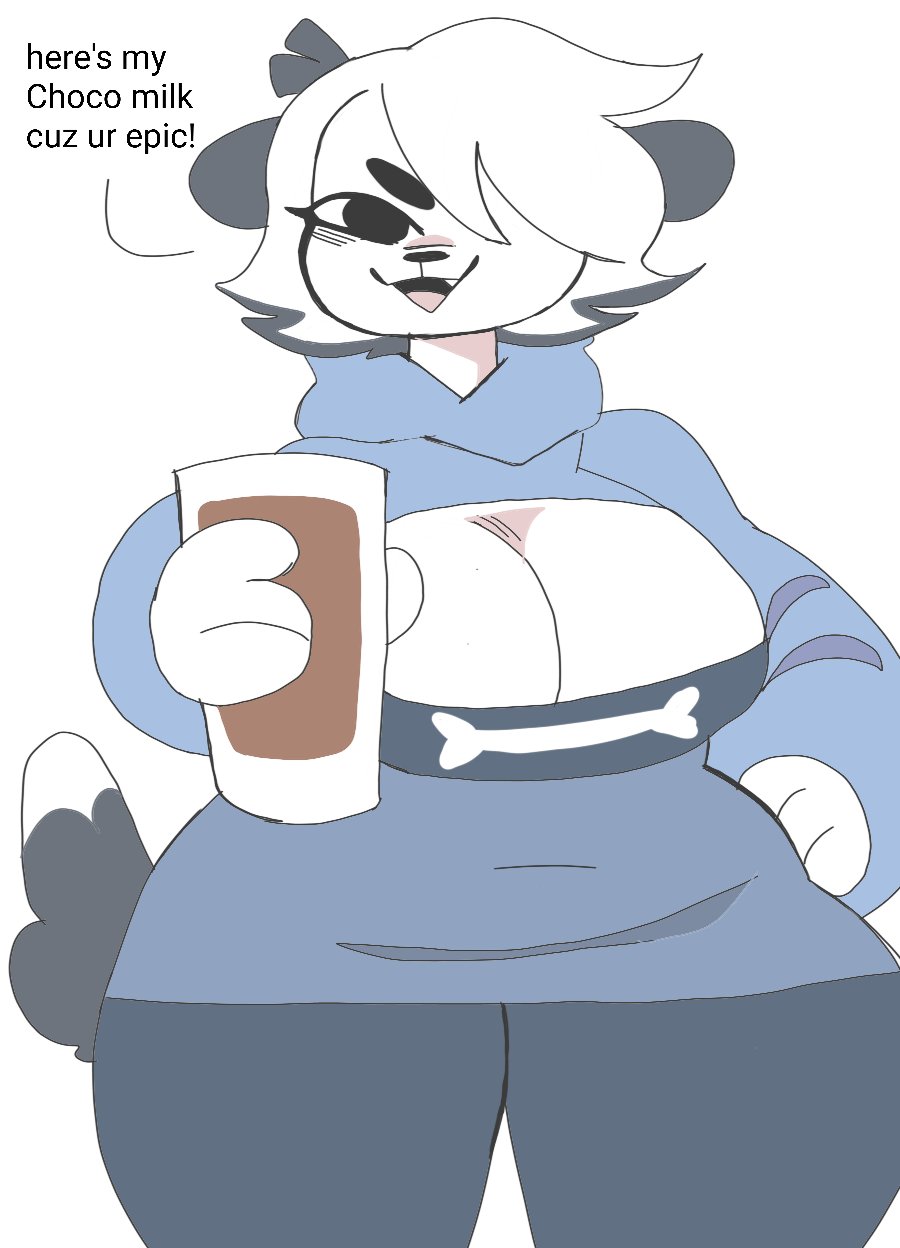 1girls anthro big_breasts breasts canid canine canis chocolate cleavage clothed clothing curvy dialogue english_text female fur furry furry_only meme milk pepper_(puppychan) puppychan puppychan48 short_hair solo tail text thick_thighs white_background wide_hips