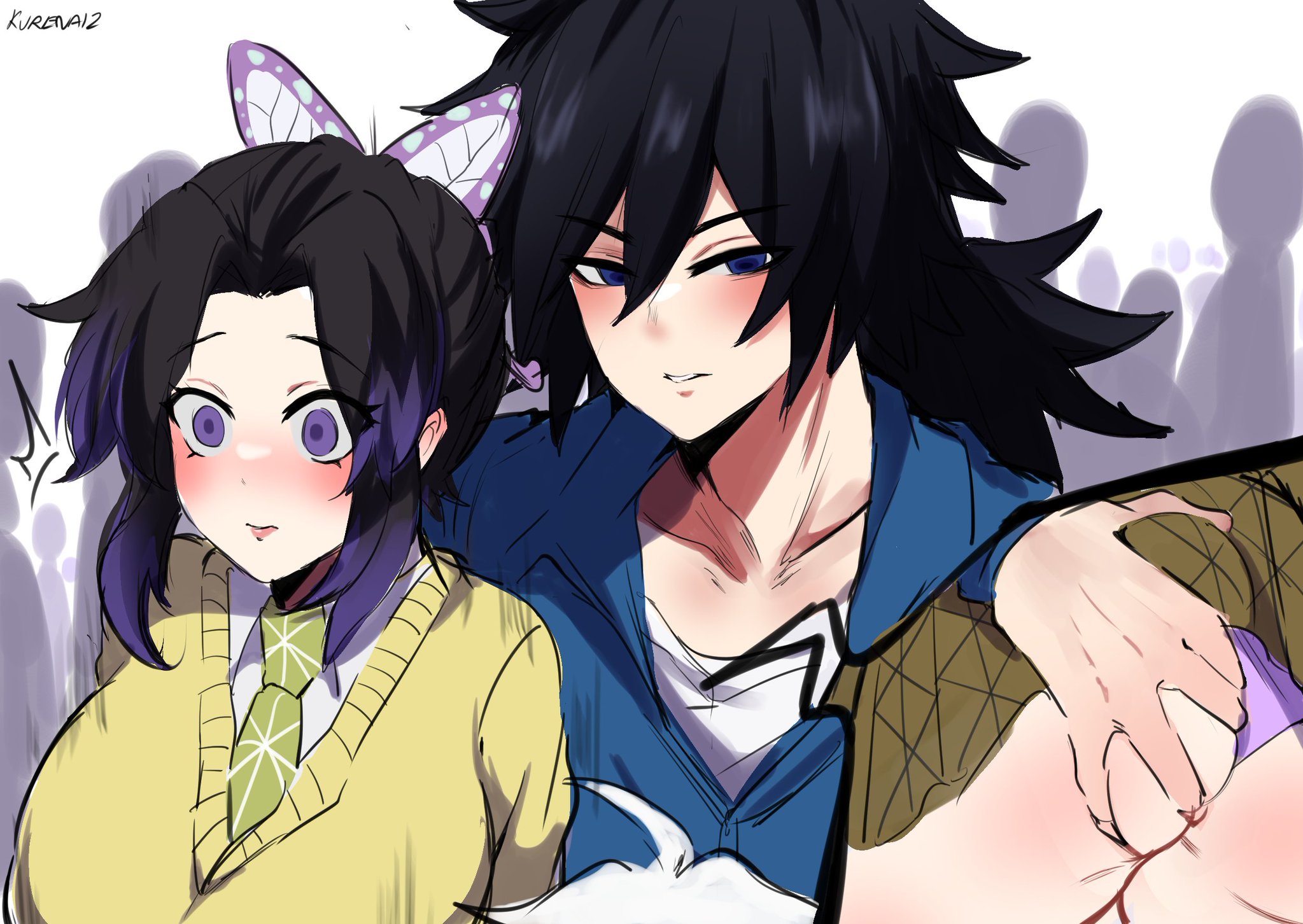 1boy, 1girls, ass, ass grab, black hair, black-haired male, blush, butterfly hair ornament, coach, demon slayer, embarrassed, female, groping, gyushino, kimetsu no yaiba, kochou shinobu, kurenaiz1, male, multiple views, public, public humiliation, purple eyes, purple hair, purple-haired female, school uniform, schoolgirl, stealth ass grab, surprised, teacher and student, tomioka giyuu, two-tone hair, upper body, wide eyed