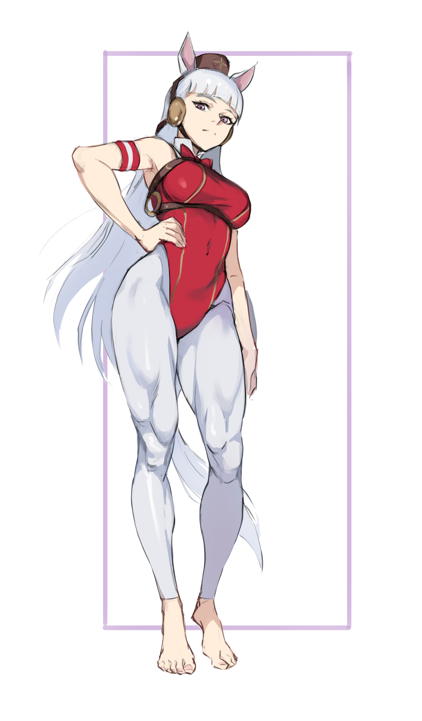 adapted costume, animal ears, bangs, barefoot, blunt bangs, breasts, brown headwear, ear covers, female, gold ship (umamusume), grey hair, hand on hip, hat, highres, horse ears, horse girl, horse tail, jason kim, legs, leotard, long hair, looking at viewer, mini hat, navel, pillbox hat, purple eyes, red leotard, school uniform, solo, tail, toned, umamusume