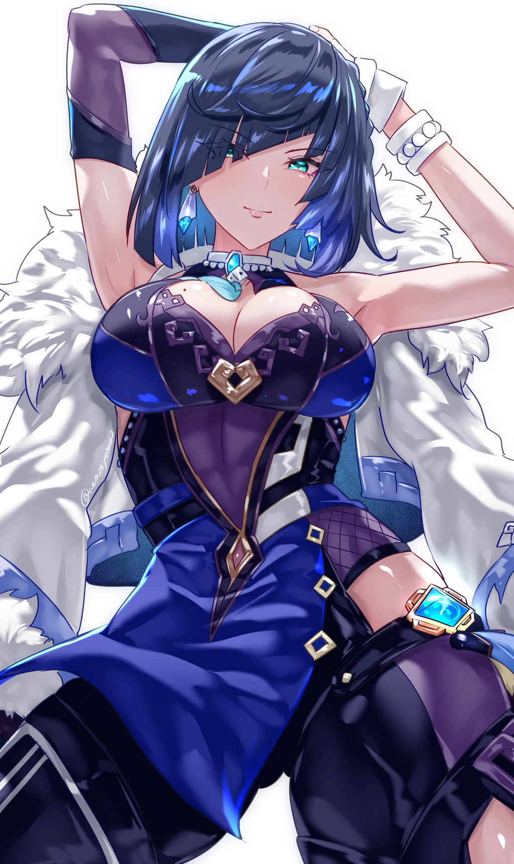 1girls, 2022, arms up pose, beauty mark, black hair, blue clothing, breasts, cleavage, clothed, clothed female, female, female only, genshin impact, green eyes, hair over one eye, hips, huge breasts, looking at viewer, mole on breast, short hair, simple background, slim waist, thick thighs, thighs, uenoryoma, wide hips, yelan (genshin impact)