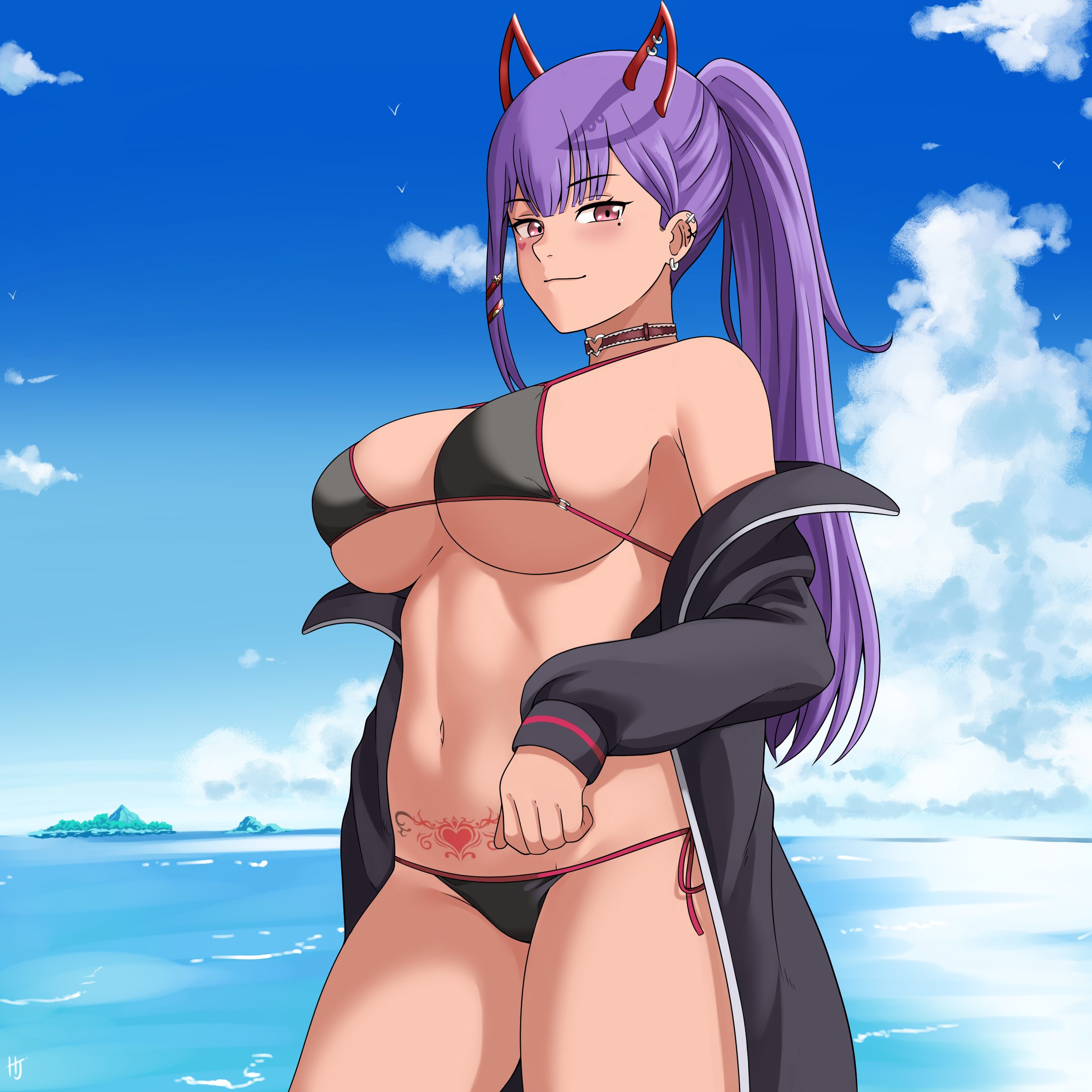 1girls, akuma nihmune, bikini, black bikini, black swimsuit, breasts, choker, demon, female, female only, himegamijoker, indie virtual youtuber, large breasts, marking below eyes, pink eyes, ponytail, pubic tattoo, purple hair, smile, solo, succubus, succubus tattoo, swimsuit, tattoo, virtual youtuber