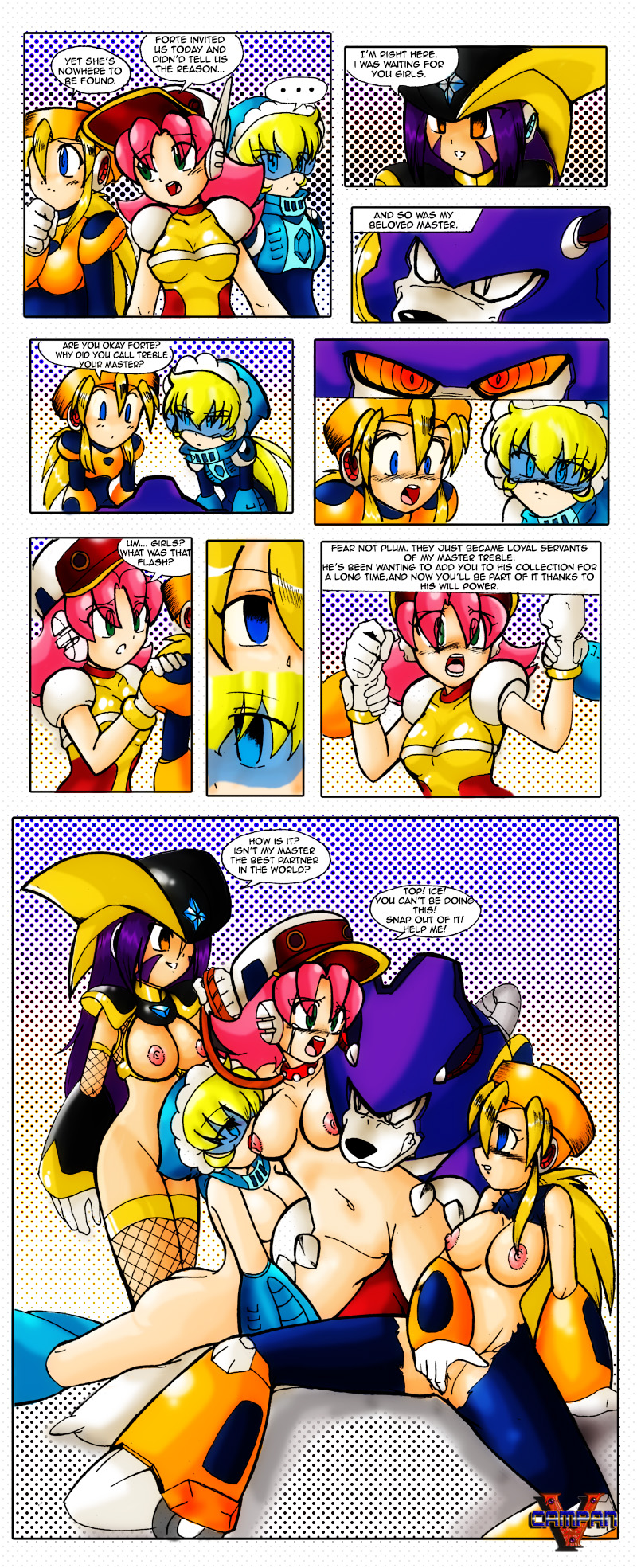 4girls bass_(mega_man) bestiality blonde_hair blue_eyes breasts capcom comic empty_eyes erect_nipples female female_only fingering green_eyes ice_man legwear masturbation mega_man mega_man(classic) multiple_girls nipples no_panties nude pink_hair plum_(mega_man) purple_hair pussy rule_63 shaved thighhighs tied_hair top_man torn_clothes treble_(mega_man) uncensored vcampan very_long_hair yellow_eyes