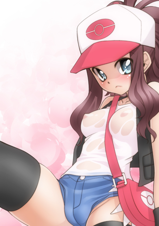 areolae baseball_cap blue_eyes blush breasts brown_hair denim_shorts erect_nipples female female_only hat hilda_(pokemon) human long_hair nintendo nipples pokemon pokemon_bw ponytail sakura_ryuuken see-through short_shorts shorts skindentation solo thighhighs tied_hair wet_clothes wet_shirt