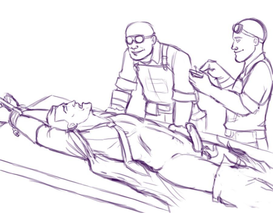 2d 3boys abs bad_medicine bondage brown_hair buzz_cut duplicated_character engineer engineer_(team_fortress_2) erection exam_table examination_table experiment facial_hair gay glasses_removed gloves goggles goggles_on_forehead hands_above_head human human_male human_only labcoat lying_on_back male male_only medic medic_(team_fortress_2) mouth_open necktie on_table open_shirt pants_down pecs precum_bubble remote_control restrained sex_toy shadowfire00x sweat sweating team_fortress_2 tied_hands vibrator_on_penis wrists_tied yaoi