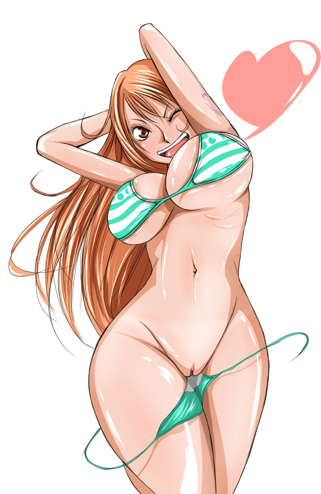 bikini bouncing_breasts breasts brown_eyes cleavage curvy female female_only hips jagi_(nexboy) large_breasts long_hair nami navel one_eye_closed one_piece open_mouth orange_hair pussy shounen_jump simple_background solo stomach striped_bikini teeth thick_thighs thighs tongue undressing white_background wide_hips wink