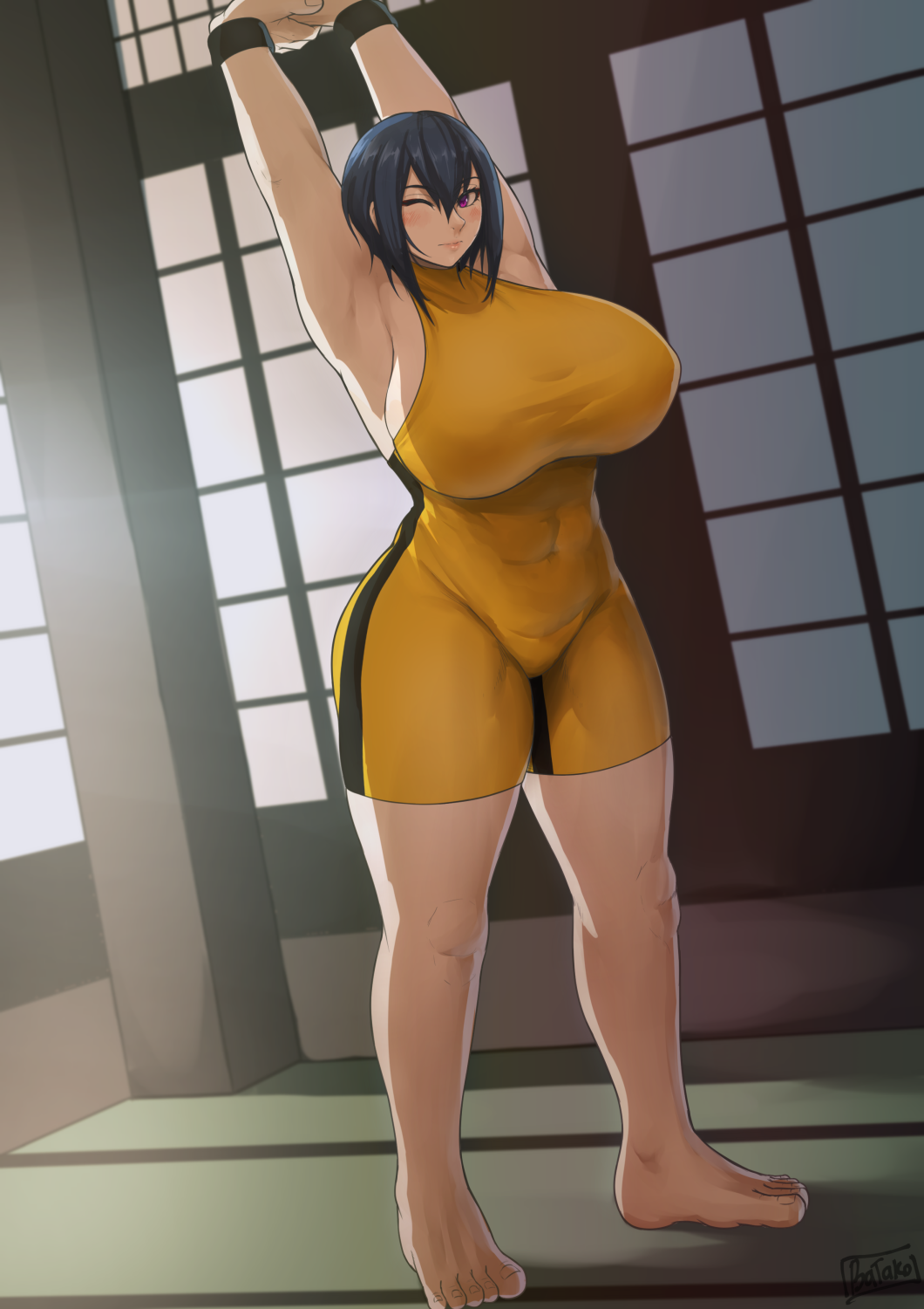 1girls barefoot batako big_breasts fit_female flexing flexing_arms hourglass_figure huge_breasts impossible_clothes muscular_female stretching thick_thighs training voluptuous