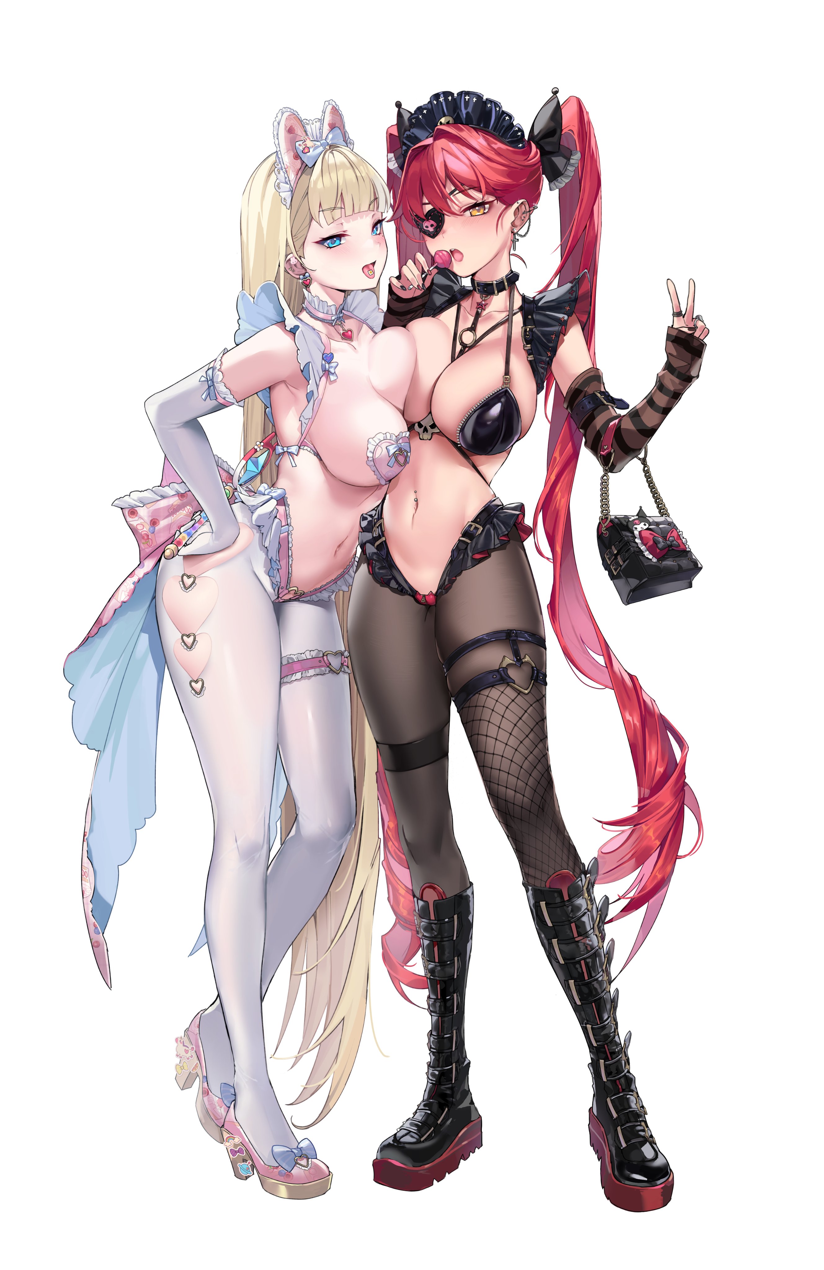 2girls, absurdres, bag, bangs, black footwear, black legwear, black nails, blonde blue eyes girl (mendou kusai), blonde hair, blue eyes, blush, boots, breasts, candy, cleavage, cross, cross earrings, detached sleeves, ear piercing, earrings, elbow gloves, eyebrows visible through hair, eyepatch, female, fishnet legwear, fishnets, food, full body, gloves, hair ornament, hand up, handbag, highres, hip vent, jewelry, knee boots, kneehighs, large breasts, light skin, light-skinned female, lollipop, long hair, long sleeves, looking at viewer, mendou kusai, multiple females, multiple girls, nail polish, navel, navel piercing, open mouth, original, pantyhose, piercing, red hair, ring, sideboob, simple background, single thighhigh, symbol-only commentary, thigh strap, thighhighs, thighs, tongue, tongue out, twintails, v, very long hair, white background, white gloves, white legwear, yellow eyes