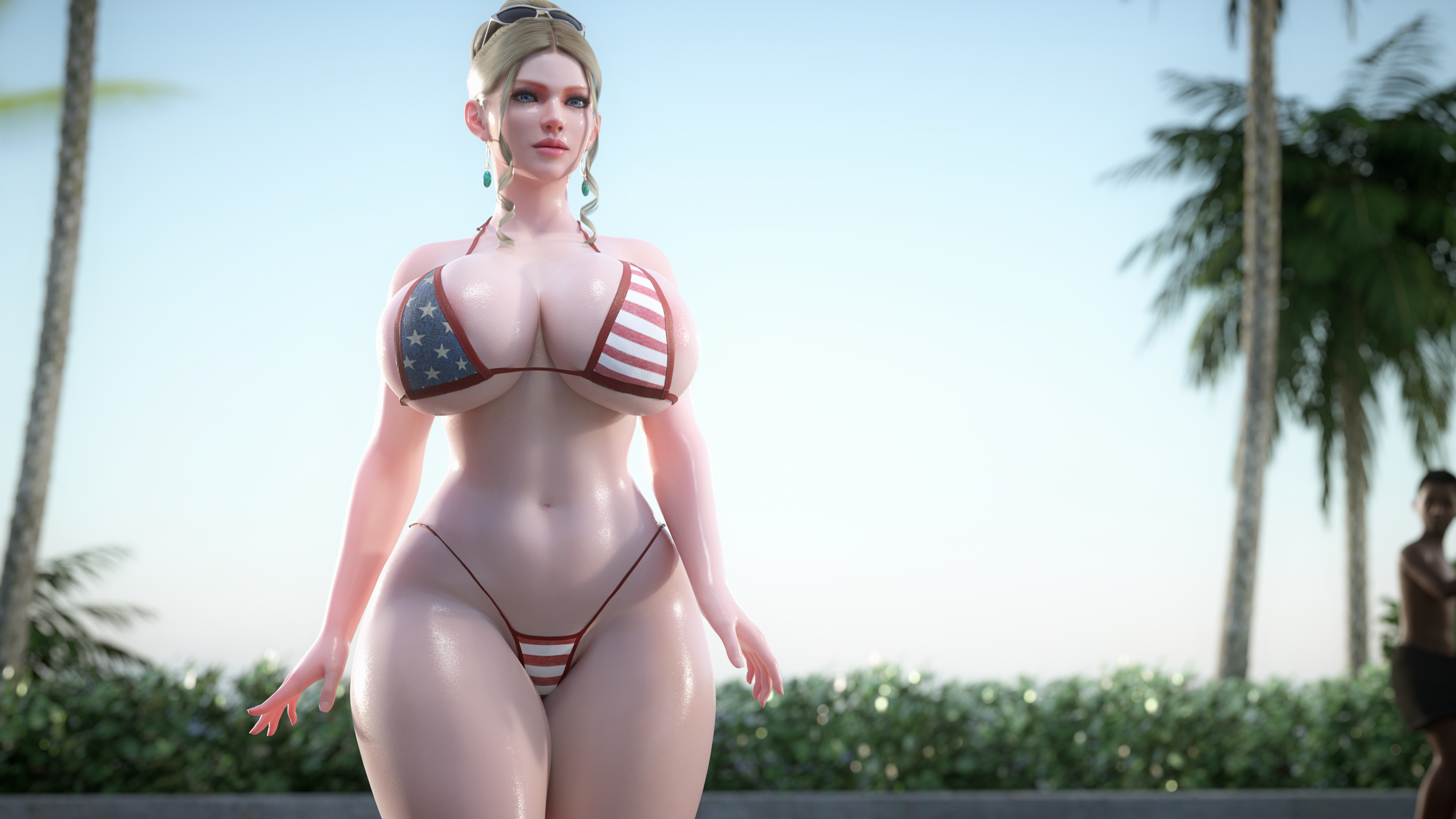 1girls, 3d, american flag, american flag bikini, big breasts, blender, blonde female, breasts, clothed female, dark skin, dark-skinned male, dead or alive, female, female only, huge breasts, icedev, male, ninja gaiden, rachel (ninja gaiden), smaller female, solo