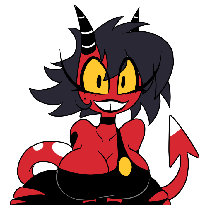 1girls big_breasts black_hair breasts buckteeth cleavage demon demon_girl demon_horns demon_tail helluva_boss imp kecomaster looking_at_viewer millie_(helluva_boss) red_skin transparent_background vivienne_medrano yellow_eyes