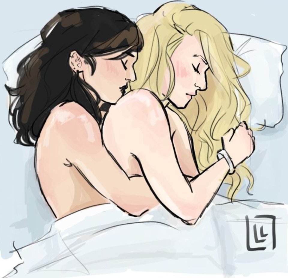 after_sex black_hair blonde_hair casual cuddling female hugging human karolina_dean marvel marvel_comics nico_minoru on_bed pale_skin pillow runaways sleeping spooning wholesome wristwear yuri