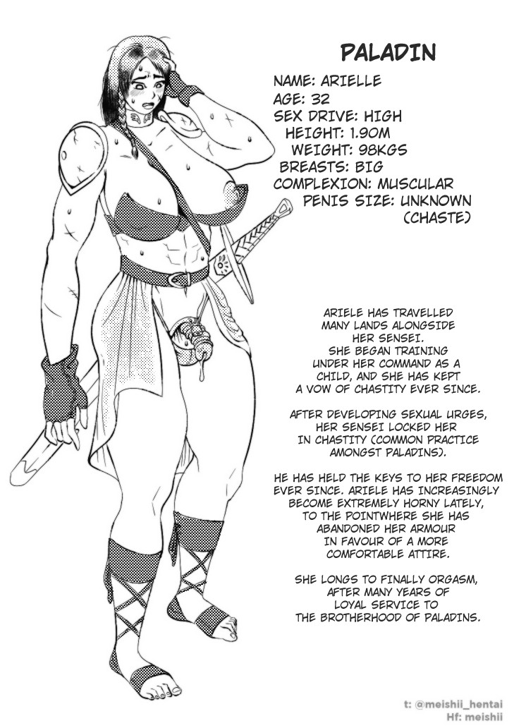 1futa, abs, areolae, artist request, balls, big breasts, breasts, character sheet, chastity, chastity cage, chastity device, clothed, clothing, cum, english text, futa only, futanari, human, intersex, long term chastity, meishii, monochrome, mostly nude, muscular, muscular futa, nipples, paladin, precum, sandals, solo, solo futa, standing, sweat, sword, tagme, text, translated
