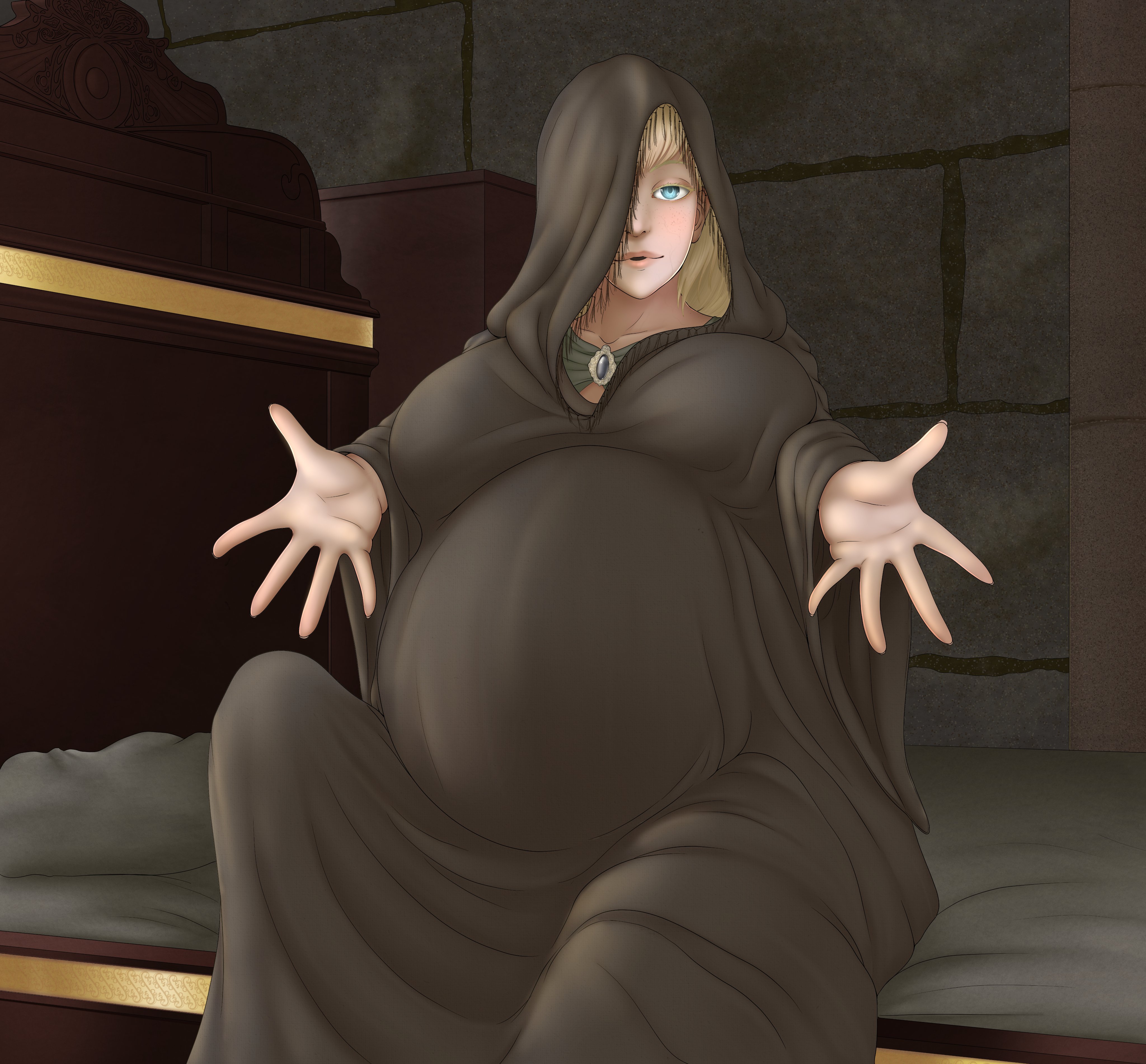 belly, big belly, big breasts, blonde hair, blue eyes, breasts, elden ring, female, fia the deathbed companion, fromsoftware, kristiadder, non-nude, pov, pregnant