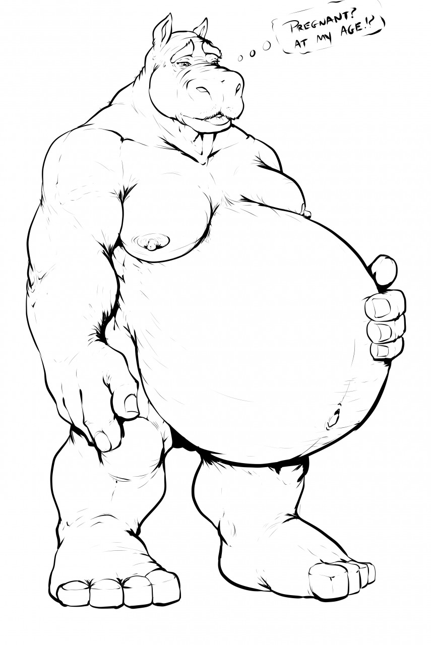 age_difference anthro belly big_belly common_hippopotamus hi_res hippopotamid male mammal monochrome moobs nipples older_male pandottermon pregnant pregnant_male simple_background solo text thought_bubble white_background