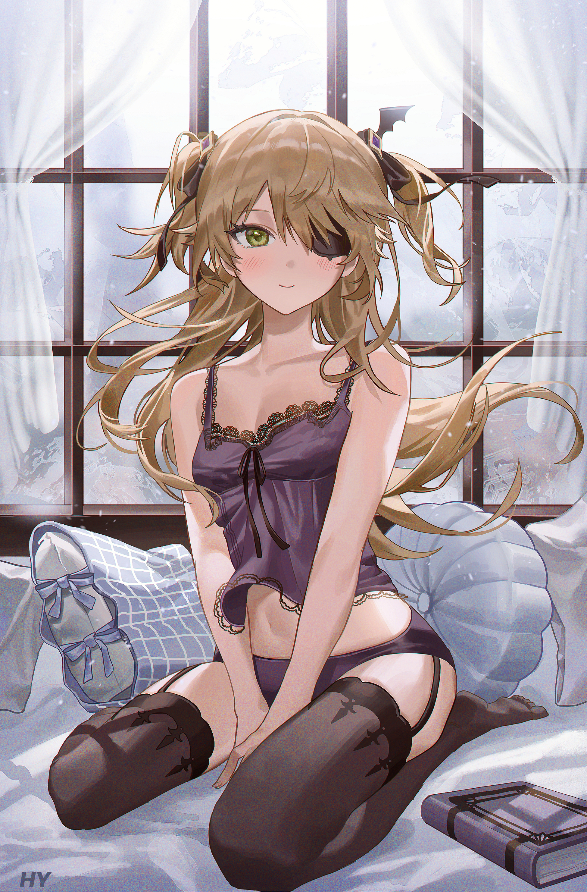 1girls, bedroom, black legwear, blonde hair, blush, breasts, cleavage, clothing, curtains, eyepatch, female, female only, fischl (genshin impact), garter straps, genshin impact, green eyes, hi res, hy (hem oo), looking at viewer, navel, on bed, panties, pillow, small breasts, smile, tank top, thighhighs, twintails, underwear, window