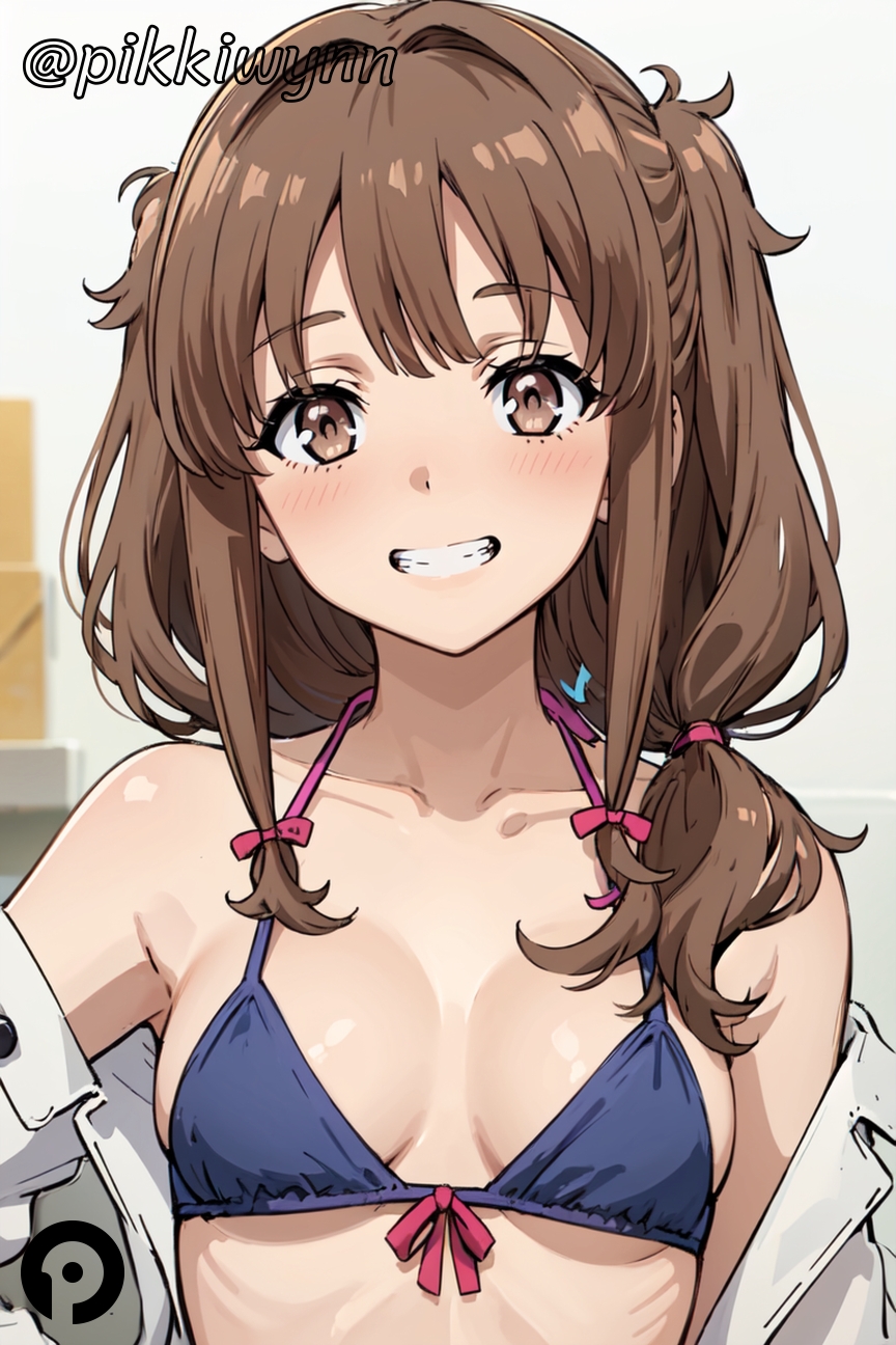 ai_generated azusagawa_kaede bangs bare_shoulders bikini blue_bikini blush breasts brown_eyes brown_hair collarbone female grin long_hair looking_at_viewer open_clothes open_shirt pikkiwynn seishun_buta_yarou_wa_bunny_girl_senpai_no_yume_wo_minai shirt small_breasts smile solo swimsuit teeth upper_body white_shirt