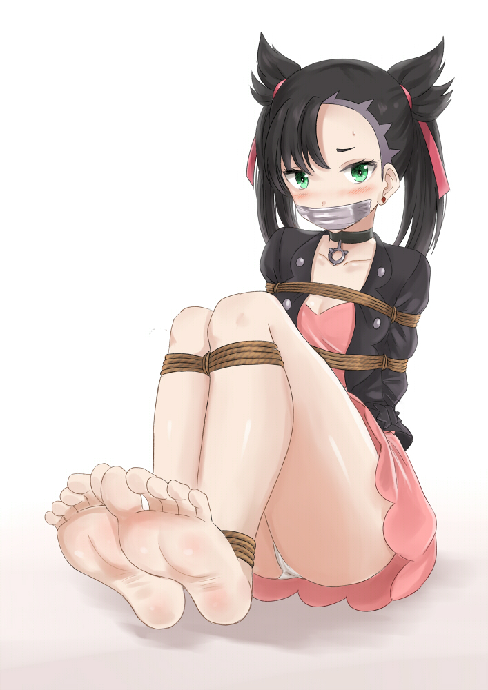 barefoot, black hair, bondage, choker, feet, female, gag, green eyes, leather jacket, looking at viewer, marnie (pokemon), nintendo, pink dress, pokemon, pokemon ss, rope bondage, soles, tape gag, toes, twintails