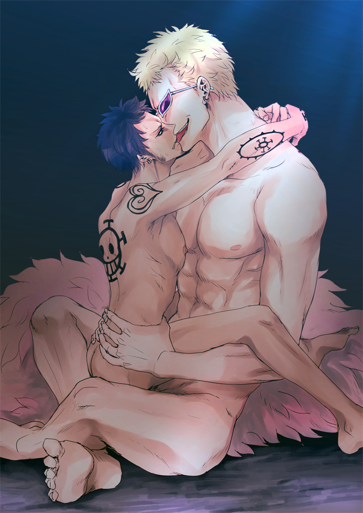 2boys abs anal arm_tattoo arms_around_neck ass black_hair black_hair_bottom blonde_hair blonde_hair_on_black_hair blonde_hair_top coat domination donquixote_doflamingo facial_hair feather_coat gay kissing kizna light_hair_on_dark_hair male male/male male_focus male_only male_penetrated multiple_boys muscular muscular_male nipples nude one_piece pectorals pink_coat sex short_hair shoulder_tattoo sitting sitting_on_person size_difference straddling sunglasses tattoo toned toned_male trafalgar_law yaoi