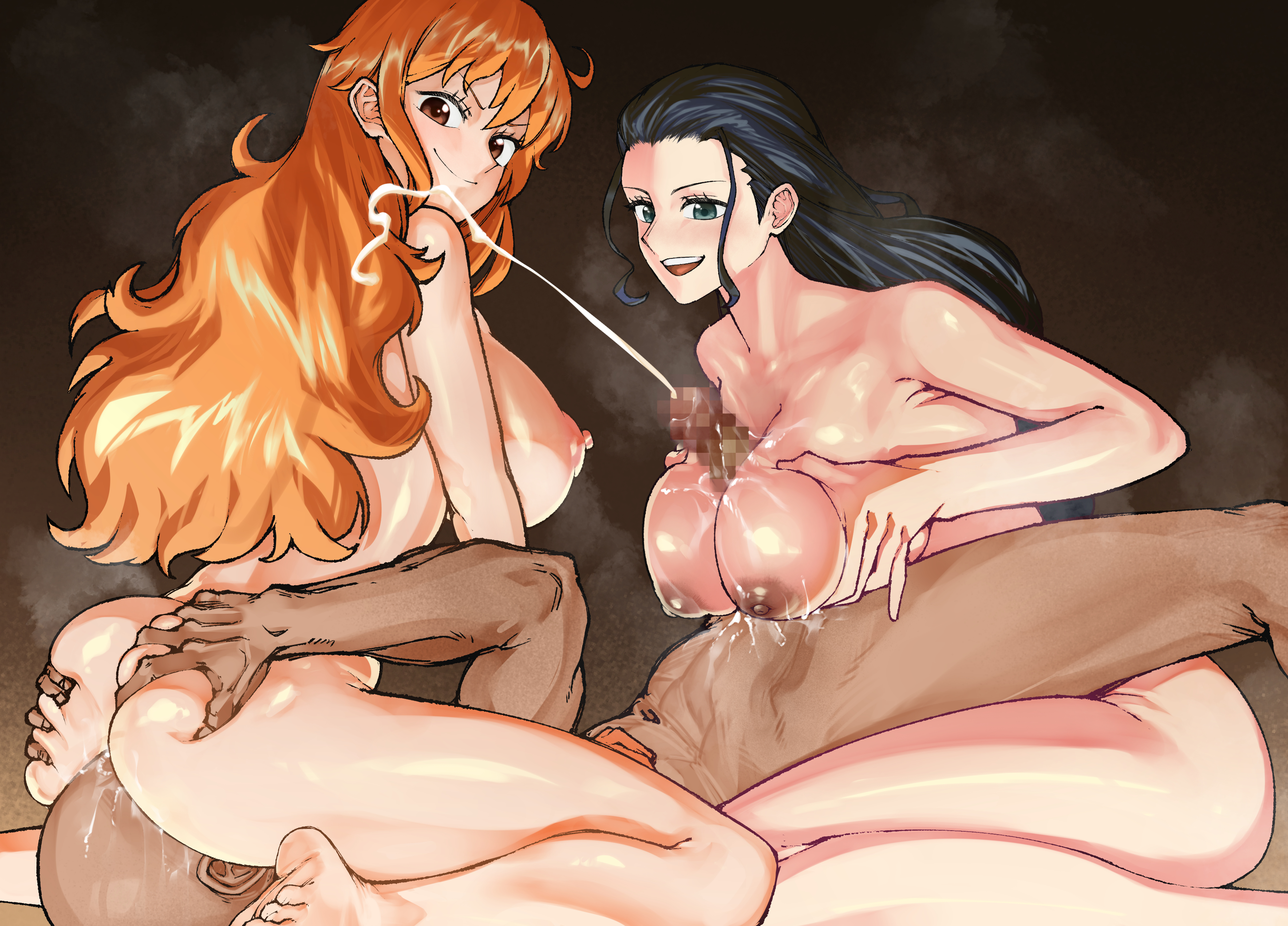 1boy, 2girls, ass, black hair, black-haired female, brain bbq, breasts, brown eyes, cum, cum on breasts, cum on face, dark skin, dark-skinned male, facesitting, facial, female, female focus, femdom, green eyes, huge ass, huge breasts, long hair, male, malesub, nami (one piece), nico robin, nipples, nude, one piece, orange hair, orange-haired female, paizuri, post-timeskip, pussy, pussy juice, smile, smug, straight, thick thighs, threesome